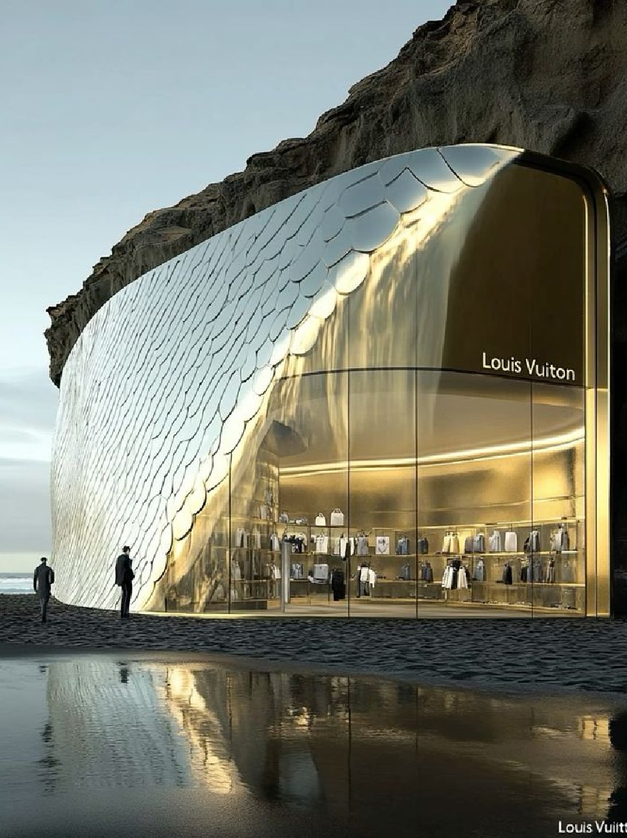 Русский промпт: Фотография магазина Louis Vuitton на пляже в сумерках. Магазин представляет собой гладкое, современное здание с изогнутым, металлическим внешним видом и стеклянным фасадом, отражающим теплый, золотой свет. Два человека стоят перед магазином, один мужчина и одна женщина, оба в минимальной одежде. На фоне показывается скалистый утес и океан на расстоянии. Небо глубоко синее с несколькими тонкими облаками. Освещение мягкое и теплое, бросая золотое свечение на интерьер магазина. Текст "Louis Vuitton" заметно отображается на стеклянном фасаде. Общая эстетика минималистичная и современная. | Original prompt: A photograph of a Louis Vuitton store on a beach at dusk. The store is a sleek, modern building with a curved, metallic exterior and a glass facade reflecting the warm, golden light. Two people are standing in front of the store, one male and one female, both wearing minimal clothing. The background shows a rocky cliff and the ocean in the distance. The sky is a deep blue with a few wispy clouds. The lighting is soft and warm, casting a golden glow on the store's interior. The text "Louis Vuitton" is prominently displayed on the glass facade. The overall aesthetic is minimalistic and contemporary.
