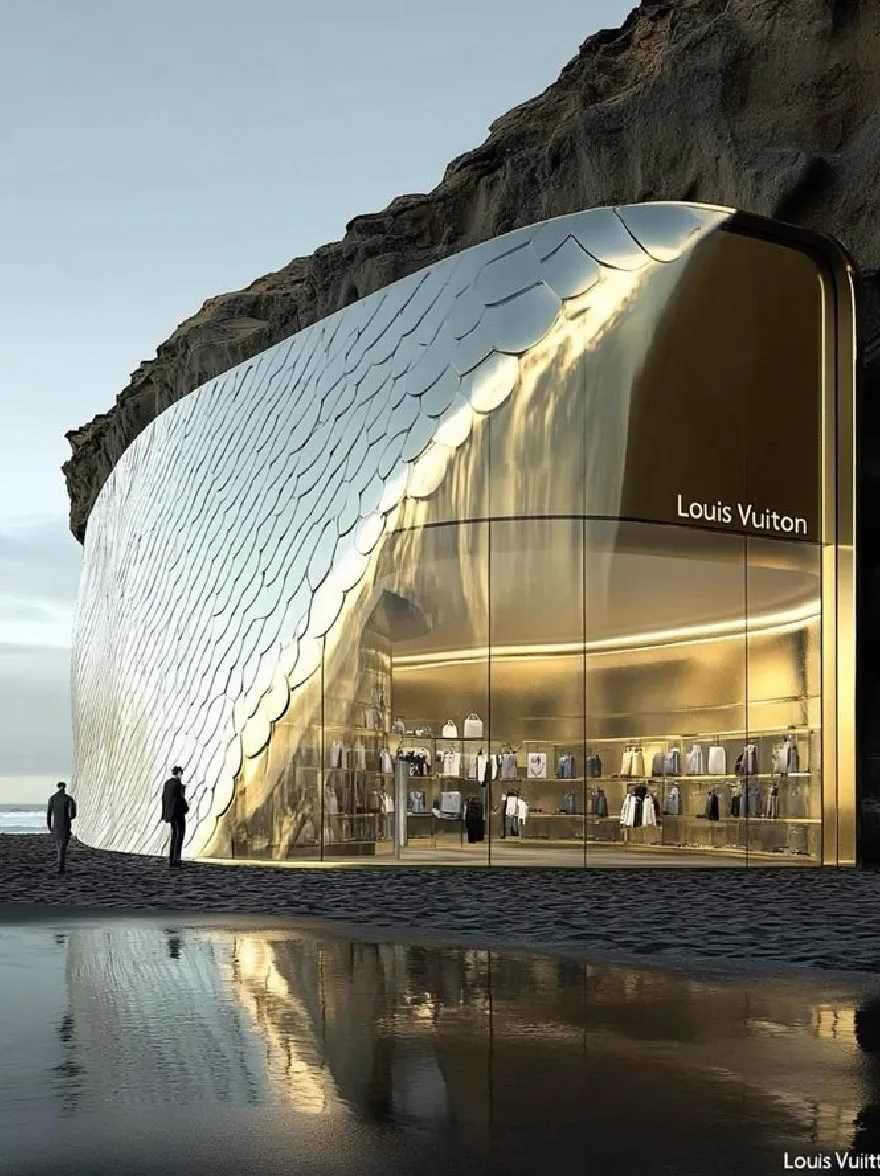 Русский промпт: Фотография магазина Louis Vuitton на пляже в сумерках. Магазин представляет собой гладкое, современное здание с изогнутым, металлическим внешним видом и стеклянным фасадом, отражающим теплый, золотой свет. Два человека стоят перед магазином, один мужчина и одна женщина, оба в минимальной одежде. На фоне показывается скалистый утес и океан на расстоянии. Небо глубоко синее с несколькими тонкими облаками. Освещение мягкое и теплое, бросая золотое свечение на интерьер магазина. Текст "Louis Vuitton" заметно отображается на стеклянном фасаде. Общая эстетика минималистичная и современная. | Original prompt: A photograph of a Louis Vuitton store on a beach at dusk. The store is a sleek, modern building with a curved, metallic exterior and a glass facade reflecting the warm, golden light. Two people are standing in front of the store, one male and one female, both wearing minimal clothing. The background shows a rocky cliff and the ocean in the distance. The sky is a deep blue with a few wispy clouds. The lighting is soft and warm, casting a golden glow on the store's interior. The text "Louis Vuitton" is prominently displayed on the glass facade. The overall aesthetic is minimalistic and contemporary.