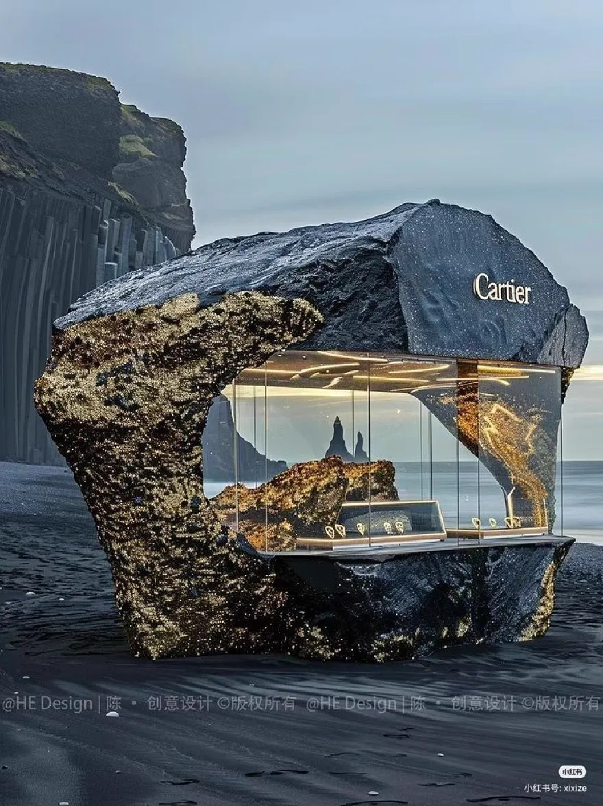 Русский промпт: Рендеринг современного, минималистского и экологически чистого магазина, построенного из большой скалы на пляже в сумерках. В магазине есть стеклянный фасад, который отражает теплый, золотой свет заходящего солнца, создавая безмятежную атмосферу. Скальная формация освещена мягким свечением океана, с скалистым скалой на заднем плане. Текст «Картье» заметно отображается на передней части магазина. Изображение имеет водяной знак в правом нижнем углу, добавляя оттенки изысканности к общему дизайну. | Original prompt: A rendering of a modern, minimalist, and environmentally friendly store built from a large rock formation on a beach at dusk. The store has a glass facade that reflects the warm, golden light of the setting sun, creating a serene atmosphere. The rock formation is illuminated by the soft glow of the ocean, with a rocky cliff in the background. The text "Cartier" is prominently displayed on the front of the store. The image has a watermark in the bottom right corner, adding a touch of sophistication to the overall design.