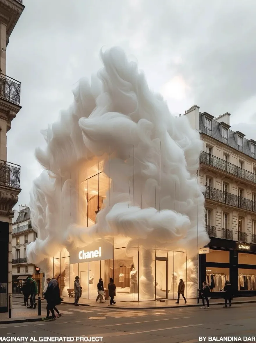 Русский промпт: Рендеринг магазина Chanel в Париже, Франция, с большой пушистой облачной структурой, напоминающей облако, парящее над входом. The building has a glass facade with the Chanel logo prominently displayed. Люди проходят мимо магазина, некоторые сумки для ношения, а улица оживлена от активности. Небо облачное, а освещение мягкое, создавая мечтательную атмосферу. Изображение называется «Воображаемый проект Al» Баланны Дарья. | Original prompt: A rendering of a Chanel store in Paris, France, with a large, fluffy cloud-like structure resembling a cloud hovering over the entrance. The building has a glass facade with the Chanel logo prominently displayed. People are walking past the store, some carrying bags, and the street is bustling with activity. The sky is cloudy and the lighting is soft, creating a dreamy atmosphere. The image is titled "Imaginary Al-Generated Project" by Balandina Daria.