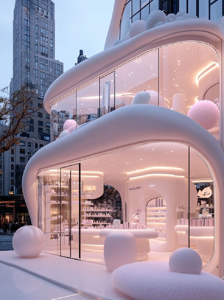 Русский промпт: Фотография футуристического, белого модульного магазина с изогнутой крышей и большими окнами, освещенная мягким розовым освещением. Магазин расположен посреди городской улицы в сумерках, с высокими зданиями на заднем плане. Внешний вид магазина украшен пушистыми белыми сферами, придавая ему причудливый, облачный вид. Стеклянные стены отражают теплое сияние заходящего солнца, создавая мягкую и привлекательную атмосферу. Есть несколько полков, заполненных различными предметами, и можно увидеть несколько человек, которые проходят мимо, добавляя к современному ощущению сцены. Общая эстетика минималистичная и современная, с акцентом на эстетику и дизайн. | Original prompt: Photo of a futuristic, white, modular store with a curved roof and large windows, illuminated by soft pink lighting. The store is situated in the middle of a city street at dusk, with tall buildings in the background. The exterior of the store is decorated with fluffy white spheres, giving it a whimsical, cloud-like appearance. The glass walls reflect the warm glow of the setting sun, creating a soft and inviting atmosphere. There are several shelves filled with various objects, and a few people can be seen walking by, adding to the contemporary feel of the scene. The overall aesthetic is minimalistic and contemporary, with a focus on aesthetics and design.