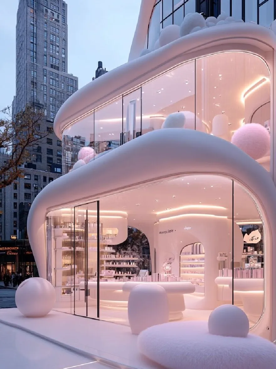 Русский промпт: Фотография футуристического, белого модульного магазина с изогнутой крышей и большими окнами, освещенная мягким розовым освещением. Магазин расположен посреди городской улицы в сумерках, с высокими зданиями на заднем плане. Внешний вид магазина украшен пушистыми белыми сферами, придавая ему причудливый, облачный вид. Стеклянные стены отражают теплое сияние заходящего солнца, создавая мягкую и привлекательную атмосферу. Есть несколько полков, заполненных различными предметами, и можно увидеть несколько человек, которые проходят мимо, добавляя к современному ощущению сцены. Общая эстетика минималистичная и современная, с акцентом на эстетику и дизайн. | Original prompt: Photo of a futuristic, white, modular store with a curved roof and large windows, illuminated by soft pink lighting. The store is situated in the middle of a city street at dusk, with tall buildings in the background. The exterior of the store is decorated with fluffy white spheres, giving it a whimsical, cloud-like appearance. The glass walls reflect the warm glow of the setting sun, creating a soft and inviting atmosphere. There are several shelves filled with various objects, and a few people can be seen walking by, adding to the contemporary feel of the scene. The overall aesthetic is minimalistic and contemporary, with a focus on aesthetics and design.