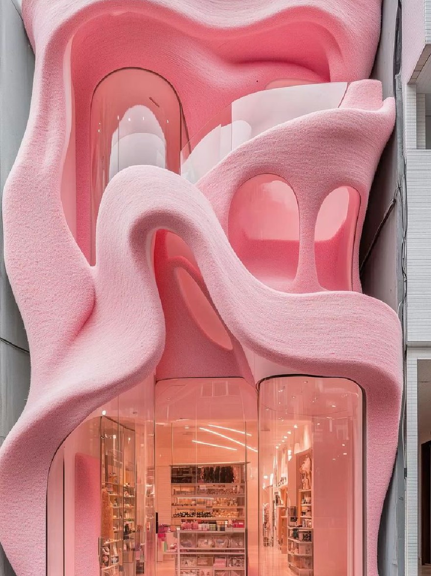 Русский промпт: The image shows a modern, minimalistic store designed by Zaha Hadid Architects, located in Milan, Italy. В магазине есть уникальный, волнистый фасад из розовой, текстурированной пены, с большими изогнутыми окнами, позволяющими естественному свету протестировать и освещать интерьер. The facade is composed of multiple layers of foam, giving it a soft, fuzzy texture. The entrance of the store is flanked by two large, rectangular glass doors, allowing visitors to see the shelves filled with various items. The overall aesthetic is minimalistic and contemporary, with a focus on aesthetics and contemporary design. The lighting is bright and natural, creating a bright and inviting atmosphere. | Original prompt: The image shows a modern, minimalistic store designed by Zaha Hadid Architects, located in Milan, Italy. The store has a unique, wavy facade made of pink, textured foam, with large, curved windows allowing natural light to filter through and illuminate the interior. The facade is composed of multiple layers of foam, giving it a soft, fuzzy texture. The entrance of the store is flanked by two large, rectangular glass doors, allowing visitors to see the shelves filled with various items. The overall aesthetic is minimalistic and contemporary, with a focus on aesthetics and contemporary design. The lighting is bright and natural, creating a bright and inviting atmosphere.