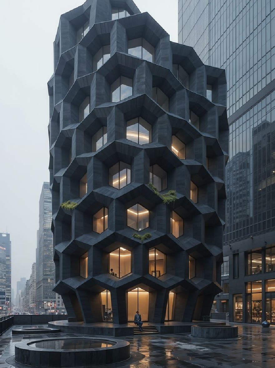 Русский промпт: Потрясающий архитектурный рендеринг современного гексагонального здания в Нью -Йорке ночью. Здание высотой в центре изображения, окруженного другими небоскребами на заднем плане. Внешний вид изготовлен из темного текстурированного бетона с шестиугольными отверстиями, позволяя естественному свету профильтровать и освещать интерьер. Окна расположены в гексагональном рисунке, причем между ними растут небольшие растения, добавляя прикосновение зелени к в противном случае монохроматической сцены. Небо пасмурно, а земля мокрый, что говорит о том, что недавно оказался дождем. Человек сидит на скамейке перед зданием, принимая на вид. Освещение мягкое и распространенное, создавая безмятежную атмосферу. | Original prompt: A stunning architectural rendering of a modern, hexagonal building in New York City at night. The building stands tall in the center of the image, surrounded by other skyscrapers in the background. The exterior is made of dark, textured concrete with hexagonal openings, allowing natural light to filter through and illuminate the interior. The windows are arranged in a hexagonal pattern, with small plants growing between them, adding a touch of greenery to the otherwise monochromatic scene. The sky is overcast, and the ground is wet, suggesting that it has recently rained. A person is sitting on a bench in front of the building, taking in the view. The lighting is soft and diffused, creating a serene atmosphere.