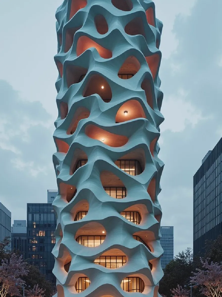 Русский промпт: A rendering of a tall, cylindrical building with a unique, wavy facade made of foam-like material. The building stands in the middle of a city square at dusk, surrounded by other modern skyscrapers. The facade is illuminated by soft, warm lights, creating a calming atmosphere. People are walking around the square, admiring the architecture. Небо глубоко синее, с несколькими облаками, разбросанными по нему. The overall scene is peaceful and serene. | Original prompt: A rendering of a tall, cylindrical building with a unique, wavy facade made of foam-like material. The building stands in the middle of a city square at dusk, surrounded by other modern skyscrapers. The facade is illuminated by soft, warm lights, creating a calming atmosphere. People are walking around the square, admiring the architecture. The sky is a deep blue, with a few clouds scattered across it. The overall scene is peaceful and serene.