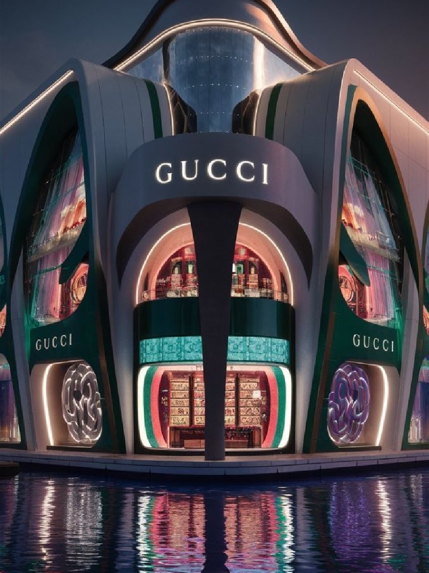 Русский промпт: Футуристический магазин Gucci ночью, отраженный в неподвижных водах внизу. Здание имеет гладкий, современный дизайн с изогнутым фасадом и крупными круглыми окнами. Магазин освещен различными красочными огнями, создавая яркий и привлекательный дисплей. Логотип Gucci выставлен на видном виде на передней части здания. Небо темное, с несколькими звездами, мерцающими на заднем плане. Отражение магазина на воде создает завораживающий эффект. | Original prompt: A futuristic Gucci store at night, reflected in the still waters below. The building has a sleek, modern design with a curved facade and large, circular windows. The store is lit up with a variety of colorful lights, creating a vibrant and eye-catching display. The Gucci logo is prominently displayed on the front of the building. The sky is dark, with a few stars twinkling in the background. The reflection of the store on the water creates a mesmerizing effect.