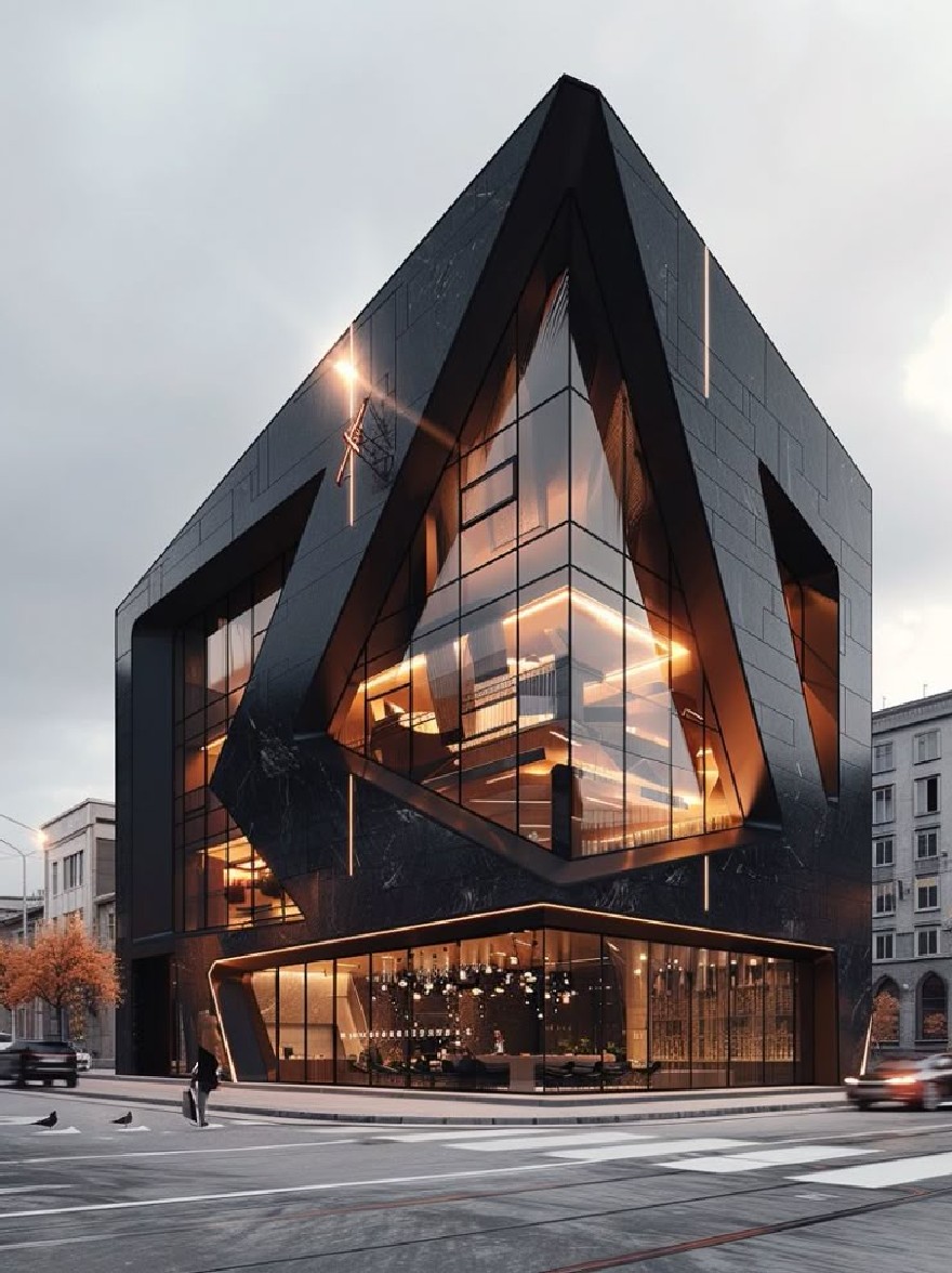 Русский промпт: Рендеринг современного минималистского черного здания с треугольной формой и большими отражающими окнами. Здание расположено на городской улице в сумерках, с пешеходным переходом перед ним. Освещение мягкое и теплое, набрасывая теплое свечение на стеклянном фасаде. Внешний вид здания гладкий и современный, с острыми углами и минималистским дизайном. Небо - смесь серого и белого, с солнцем на заднем плане. Изображение высококачественное и имеет водяной знак в правом нижнем углу. | Original prompt: A rendering of a modern, minimalist black building with a triangular shape and large, reflective windows. The building is situated on a city street at dusk, with a pedestrian crossing in front of it. The lighting is soft and warm, casting a warm glow on the glass facade. The exterior of the building is sleek and contemporary, with sharp angles and a minimalist design. The sky is a mix of gray and white, with the sun setting in the background. The image is high quality and has a watermark in the bottom right corner.