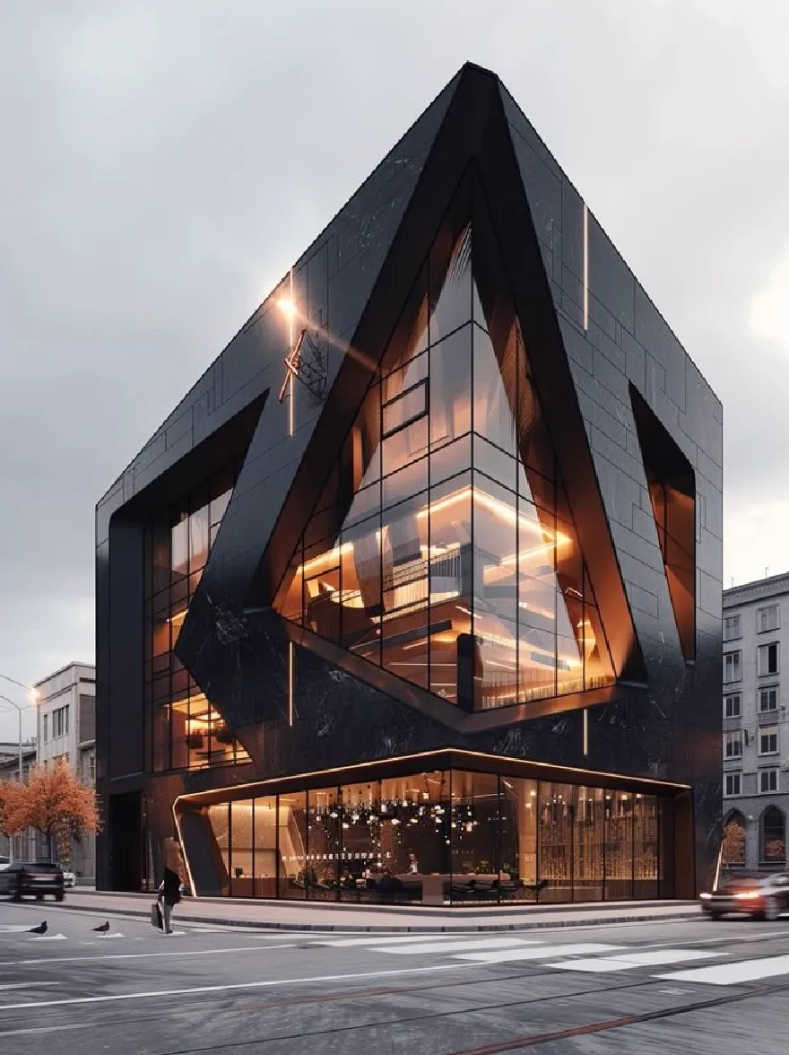 Русский промпт: Рендеринг современного минималистского черного здания с треугольной формой и большими отражающими окнами. Здание расположено на городской улице в сумерках, с пешеходным переходом перед ним. Освещение мягкое и теплое, набрасывая теплое свечение на стеклянном фасаде. Внешний вид здания гладкий и современный, с острыми углами и минималистским дизайном. Небо - смесь серого и белого, с солнцем на заднем плане. Изображение высококачественное и имеет водяной знак в правом нижнем углу. | Original prompt: A rendering of a modern, minimalist black building with a triangular shape and large, reflective windows. The building is situated on a city street at dusk, with a pedestrian crossing in front of it. The lighting is soft and warm, casting a warm glow on the glass facade. The exterior of the building is sleek and contemporary, with sharp angles and a minimalist design. The sky is a mix of gray and white, with the sun setting in the background. The image is high quality and has a watermark in the bottom right corner.