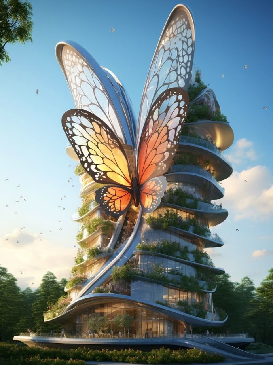 Русский промпт: Футуристическое, футуристическое здание с уникальным архитектурным дизайном с большой бабочкой, похожей на бабочку с полупрозрачными крыльями и яркой оранжевой и черной цветовой гаммой. Здание окружено пышной зеленью и имеет спиральную лестницу, ведущую к входу. Небо ясное синее с несколькими птицами, летящими на заднем плане. Освещение мягкое и естественное, создавая безмятежную атмосферу. Изображение представляет собой фотографию с высоким разрешением с водяным знаком в правом нижнем углу. | Original prompt: A futuristic, futuristic building with a unique architectural design featuring a large butterfly-like structure with translucent wings and a vibrant orange and black color scheme. The building is surrounded by lush greenery and has a spiral staircase leading up to the entrance. The sky is a clear blue with a few birds flying in the background. The lighting is soft and natural, creating a serene atmosphere. The image is a high-resolution photograph with a watermark in the bottom right corner.