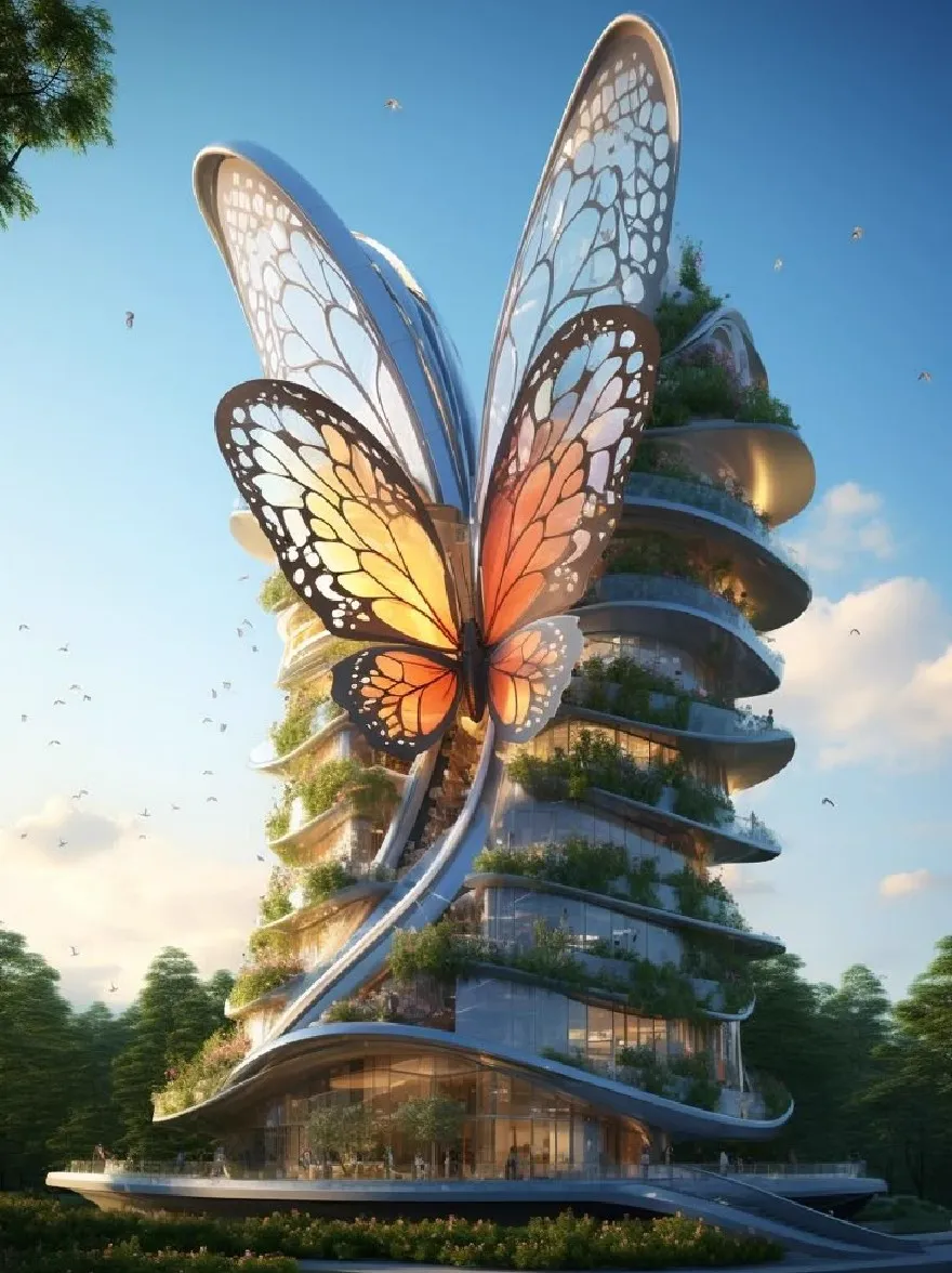 Русский промпт: Футуристическое, футуристическое здание с уникальным архитектурным дизайном с большой бабочкой, похожей на бабочку с полупрозрачными крыльями и яркой оранжевой и черной цветовой гаммой. Здание окружено пышной зеленью и имеет спиральную лестницу, ведущую к входу. Небо ясное синее с несколькими птицами, летящими на заднем плане. Освещение мягкое и естественное, создавая безмятежную атмосферу. Изображение представляет собой фотографию с высоким разрешением с водяным знаком в правом нижнем углу. | Original prompt: A futuristic, futuristic building with a unique architectural design featuring a large butterfly-like structure with translucent wings and a vibrant orange and black color scheme. The building is surrounded by lush greenery and has a spiral staircase leading up to the entrance. The sky is a clear blue with a few birds flying in the background. The lighting is soft and natural, creating a serene atmosphere. The image is a high-resolution photograph with a watermark in the bottom right corner.
