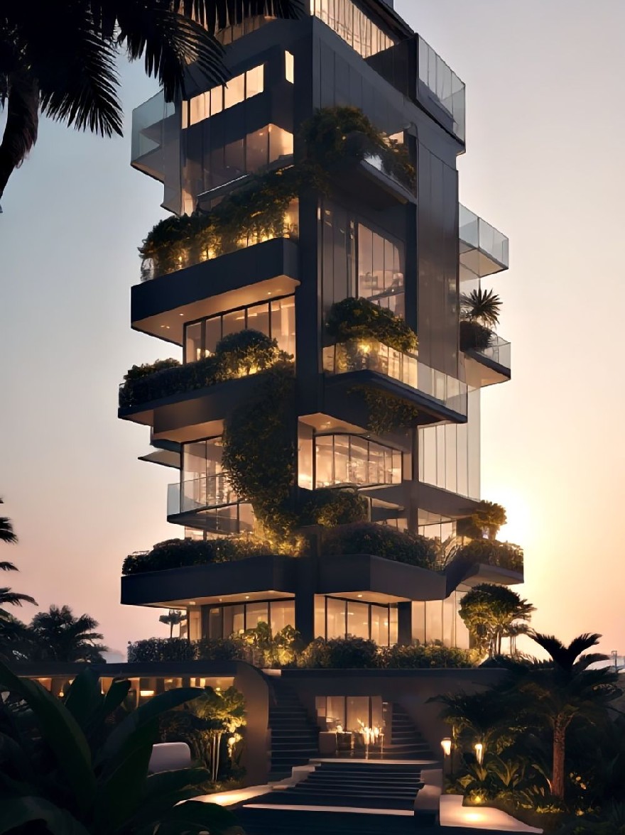 Русский промпт: Высокое, современное здание с вертикальным садом на стороне. Здание изготовлено из стекла и стали и окружено пышной зеленью. Сад освещен мягким, теплым освещением, создавая безмятежную атмосферу. Небо глубоко синее, с несколькими тонкими облаками. Отражение здания и сада можно увидеть в неподвижной воде внизу. Общая эстетика минималистичная и современная. | Original prompt: A tall, modern building with a vertical garden on the side. The building is made of glass and steel, and is surrounded by lush greenery. The garden is illuminated by soft, warm lighting, creating a serene atmosphere. The sky is a deep blue, with a few wispy clouds. The reflection of the building and the garden can be seen in the still water below. The overall aesthetic is minimalistic and contemporary.