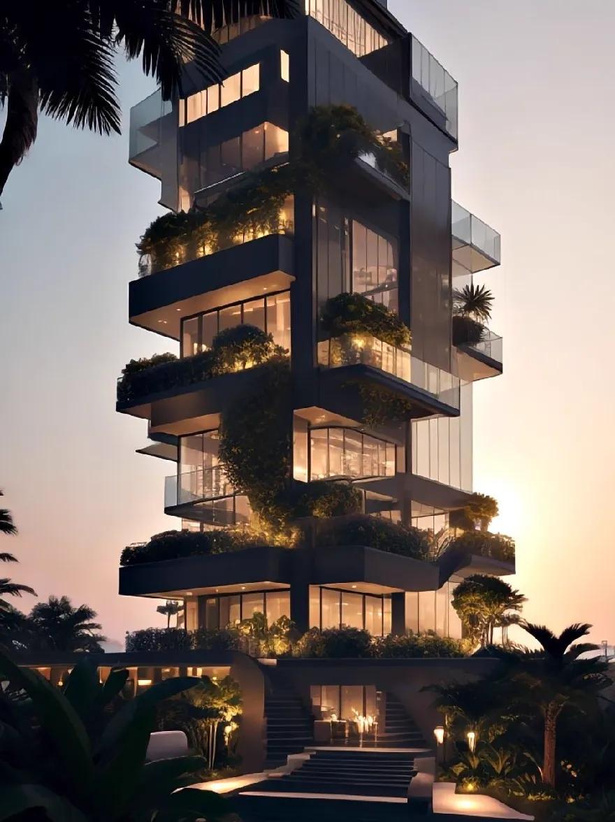 Русский промпт: Высокое, современное здание с вертикальным садом на стороне. Здание изготовлено из стекла и стали и окружено пышной зеленью. Сад освещен мягким, теплым освещением, создавая безмятежную атмосферу. Небо глубоко синее, с несколькими тонкими облаками. Отражение здания и сада можно увидеть в неподвижной воде внизу. Общая эстетика минималистичная и современная. | Original prompt: A tall, modern building with a vertical garden on the side. The building is made of glass and steel, and is surrounded by lush greenery. The garden is illuminated by soft, warm lighting, creating a serene atmosphere. The sky is a deep blue, with a few wispy clouds. The reflection of the building and the garden can be seen in the still water below. The overall aesthetic is minimalistic and contemporary.