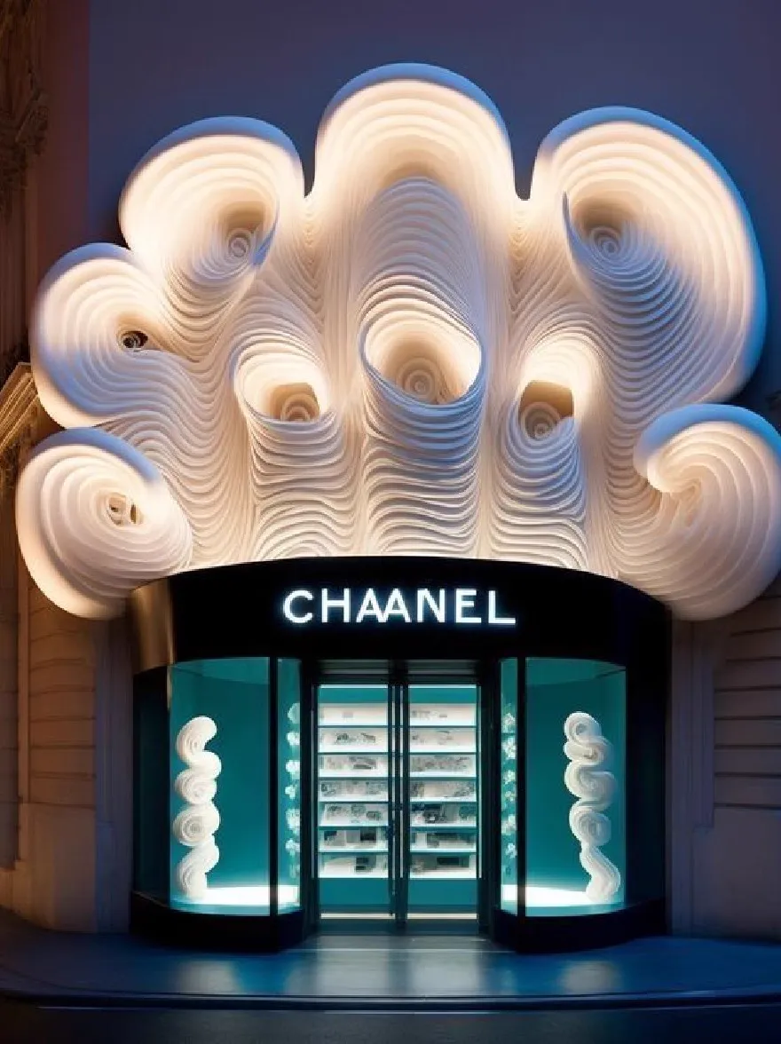 Русский промпт: Изображение показывает флагманский магазин Chanel в Париже, Франция, разработанный в современном архитектурном стиле с большой волнистым, белым облачным структурой, освещенной синим и белым светом. Здание имеет гладкий, современный дизайн с изогнутым фасадом и большой стеклянной дверью, которая открывается, чтобы показать демонстрацию, заполненные различными часовыми часами. The store is located on a cobblestone street at night, with a dark, starry sky in the background. The lighting creates a dramatic effect, highlighting the intricate details of the building's exterior. The text "Chanel" is prominently displayed on the front of the store. | Original prompt: The image shows a Chanel flagship store in Paris, France, designed with a modern architectural style featuring a large, wavy, white cloud-like structure illuminated by blue and white lights. The building has a sleek, contemporary design with a curved facade and a large glass door that opens to reveal a display case filled with various Chanel watches. The store is located on a cobblestone street at night, with a dark, starry sky in the background. The lighting creates a dramatic effect, highlighting the intricate details of the building's exterior. The text "Chanel" is prominently displayed on the front of the store.