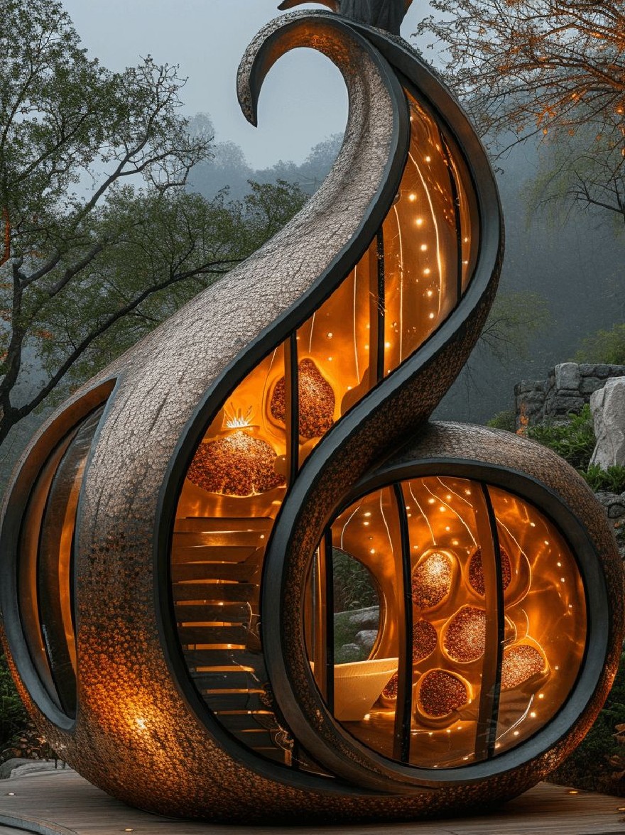 Русский промпт:  | Original prompt: This is a photograph of a futuristic, exotic pineapple-shaped home with a curved, textured exterior and glowing interior. The home is situated in a serene, misty forest setting, with trees and a stone wall in the background. The lighting is warm and inviting, creating a cozy ambiance. The interior of the home is illuminated by glowing orange lights, which create a warm, inviting atmosphere. The pineapple shape is intricately designed with a smooth, metallic texture, giving it a unique and eye-catching look.