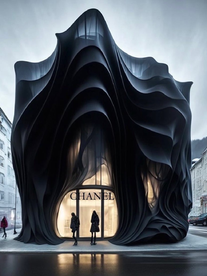 Русский промпт: Потрясающий архитектурный рендеринг магазина Chanel в Цюрихе, Швейцария, разработанный Zaha Hadid Architects. Здание изготовлено из черных, волнистых, угловых форм, которые напоминают волнистые линии и оснащен большим изогнутым входом с известным известным логотипом Chanel. Два человека, мужчина и женщина, стоят перед входом, глядя друг на друга. Сцена расположена на городской улице в сумерках, со зданиями на заднем плане и горой на расстоянии. Освещение драматичное, набрасывая теплое сияние на здание и отражаясь от влажного тротуара. Общая атмосфера элегантная и сложная, с чувством роскоши и изысканности. | Original prompt: A stunning architectural rendering of a Chanel store in Zurich, Switzerland, designed by Zaha Hadid Architects. The building is made of black, wavy, angular shapes that resemble wavy lines, and features a large, curved entrance with the iconic Chanel logo prominently displayed. Two people, a man and a woman, are standing in front of the entrance, looking at each other. The scene is set in a city street at dusk, with buildings in the background and a mountain in the distance. The lighting is dramatic, casting a warm glow on the building and reflecting off the wet pavement. The overall atmosphere is elegant and sophisticated, with a sense of luxury and sophistication.
