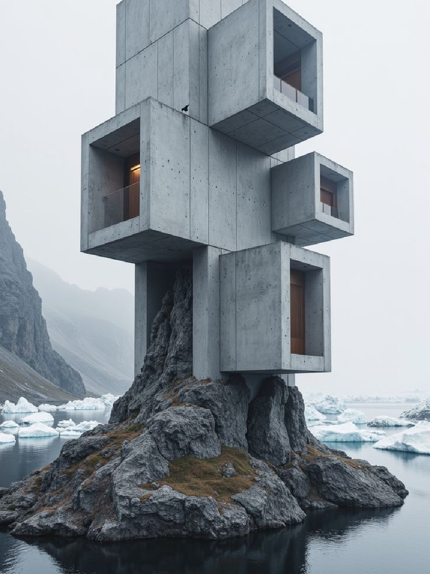 Русский промпт: Фотография современной минималистской бетонной конструкции, расположенной на заднем плане, с видом на водоем, с айсбергами и горами на заднем плане. Структура состоит из нескольких бетонных блоков, расположенных в кубикоподобном рисунке, каждая из которых с небольшим окном, позволяя естественному свету профильтровать. Небо пасмурно, а общее настроение холодно и пустынное. Изображение в черно -белом, с минималистской эстетикой. Птица сидит на одном из блоков, глядя на расстояние. | Original prompt: A photograph of a modern, minimalist concrete structure perched atop a rocky cliff overlooking a body of water, with icebergs and mountains in the background. The structure is composed of multiple concrete blocks arranged in a cube-like pattern, each with a small window, allowing natural light to filter through. The sky is overcast, and the overall mood is cold and desolate. The image is in black and white, with a minimalist aesthetic. A bird is perched on one of the blocks, looking out into the distance.