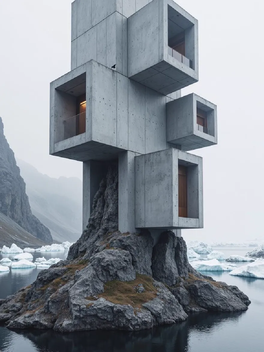 Русский промпт: Фотография современной минималистской бетонной конструкции, расположенной на заднем плане, с видом на водоем, с айсбергами и горами на заднем плане. Структура состоит из нескольких бетонных блоков, расположенных в кубикоподобном рисунке, каждая из которых с небольшим окном, позволяя естественному свету профильтровать. Небо пасмурно, а общее настроение холодно и пустынное. Изображение в черно -белом, с минималистской эстетикой. Птица сидит на одном из блоков, глядя на расстояние. | Original prompt: A photograph of a modern, minimalist concrete structure perched atop a rocky cliff overlooking a body of water, with icebergs and mountains in the background. The structure is composed of multiple concrete blocks arranged in a cube-like pattern, each with a small window, allowing natural light to filter through. The sky is overcast, and the overall mood is cold and desolate. The image is in black and white, with a minimalist aesthetic. A bird is perched on one of the blocks, looking out into the distance.