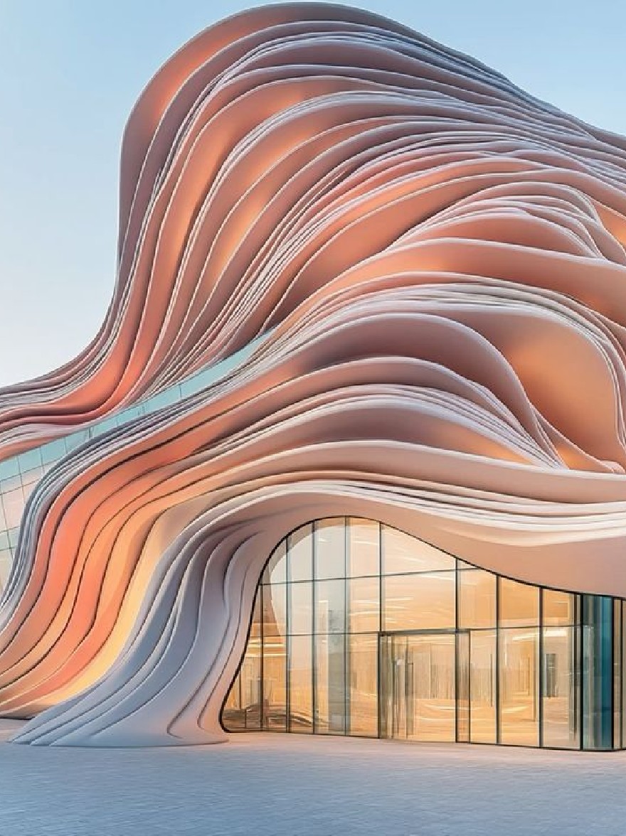 Русский промпт: На изображении показано современное здание с уникальным архитектурным дизайном с изогнутым волнистым фасадом, который легко сочетается с окружающим ландшафтом. Фасад состоит из нескольких слоев полупрозрачного стекла, создавая градиент розовых и оранжевых оттенков. Здание установлено на ясном синем небе, с несколькими деревьями, видимыми на заднем плане. Освещение мягкое и теплое, набрав мягкое сияние на поверхности здания. Общая эстетика является современной и минималистичной. | Original prompt: The image shows a modern building with a unique architectural design, featuring a curved, wavy facade that blends seamlessly into the surrounding landscape. The facade is made up of multiple layers of translucent glass, creating a gradient of pink and orange hues. The building is set against a clear blue sky, with a few trees visible in the background. The lighting is soft and warm, casting a gentle glow on the building's surface. The overall aesthetic is contemporary and minimalistic.