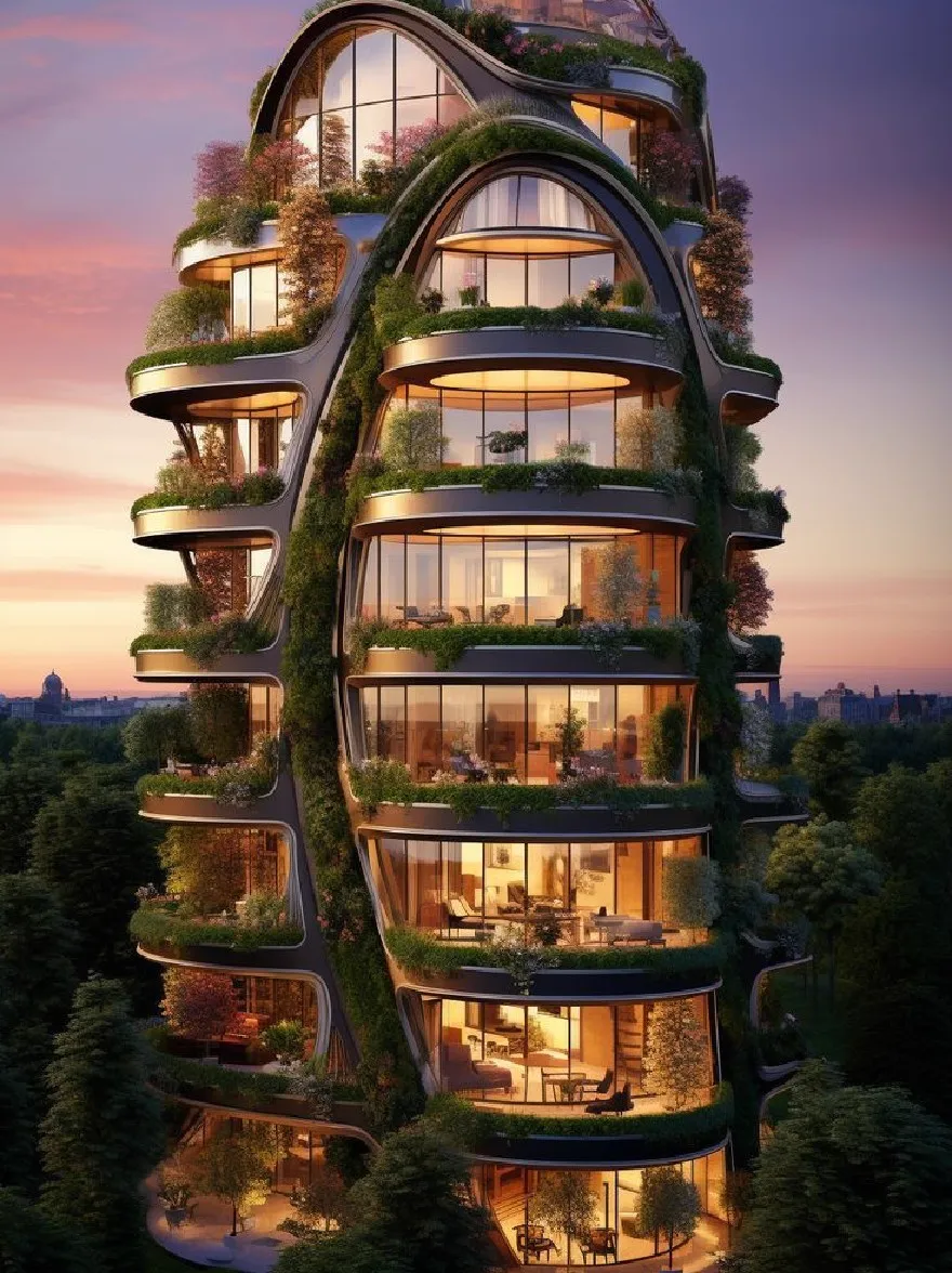 Русский промпт: Рендеринг высокого вертикального здания со стеклянными стенами и растениями, растущими на балконах, расположенном в Париже, Франция. Здание окружено пышной зеленью, на заднем небе. Освещение мягкое и теплое, создавая мирную атмосферу. Балконы заполнены растениями, а здание имеет современный, экологичный дизайн. Изображение является потрясающим примером устойчивой архитектуры, когда здание выделяется против ярких цветов неба. | Original prompt: A rendering of a tall, vertical building with glass walls and plants growing on the balconies, located in Paris, France. The building is surrounded by lush greenery, with a sunset sky in the background. The lighting is soft and warm, creating a peaceful atmosphere. The balconies are filled with plants, and the building has a modern, eco-friendly design. The image is a stunning example of sustainable architecture, with the building standing out against the vibrant colors of the sky.
