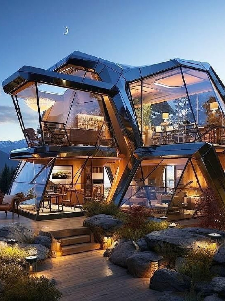 Русский промпт: Потрясающий геодезический купольный дом, расположенный в горном пейзаже в сумерках, с полумесяц, видимой в небе. Дом изготовлен из стекла и стали и окружен пышной зеленью и скалистой местностью. Экстерьер освещается теплым, окружающим освещением, создавая уютную и привлекательную атмосферу. Интерьер оснащен удобной мебелью, в том числе диван, кресла и журнальный столик, который обеспечивает идеальное место, чтобы расслабиться и насладиться видом. | Original prompt: A stunning geodesic dome house nestled in a mountainous landscape at dusk, with a crescent moon visible in the sky. The house is made of glass and steel, and is surrounded by lush greenery and rocky terrain. The exterior is illuminated by warm, ambient lighting, creating a cozy and inviting atmosphere. The interior is furnished with comfortable furniture, including a sofa, armchairs, and a coffee table, providing a perfect spot to relax and enjoy the view.