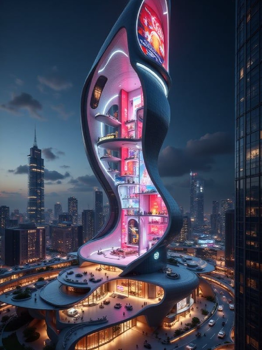 Русский промпт: Футуристический небоскреб, разработанный Zaha Hadid Architects, расположенный в Шанхае, Китай, ночью. Небоскреб имеет уникальную, изогнутую спираль-подобную структуру с несколькими уровнями и большим, ярким проявлением розового и синего света. Здание выделяется против городского горизонта, с высокими зданиями и небоскребами на заднем плане. Небо темное, с несколькими облаками, разбросанными по нему, и городской пейзаж освещен огнями из окружающих зданий. Люди можно увидеть, ходящие по небоскребу, а машины едут по дорогам внизу. Изображение очень подробно и имеет отделку высокого разрешения. | Original prompt: A futuristic skyscraper designed by Zaha Hadid Architects, located in Shanghai, China, at night. The skyscraper has a unique, curved, spiral-like structure with multiple levels and a large, vibrant display of pink and blue lights. The building stands out against the city skyline, with tall buildings and skyscrapers in the background. The sky is dark, with a few clouds scattered across it, and the cityscape is illuminated by the lights from the surrounding buildings. People can be seen walking around the skyscraper, and cars are driving on the roads below. The image is highly detailed and has a high-resolution finish.