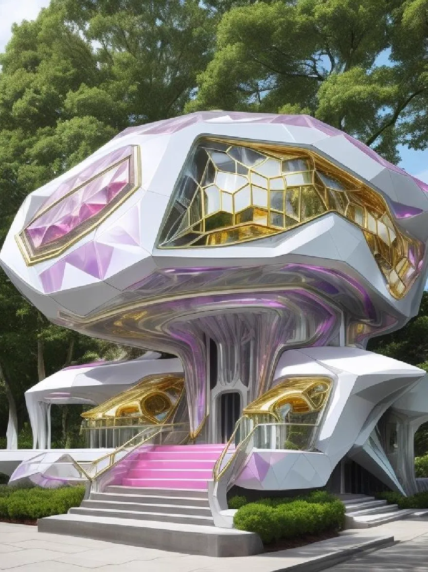 Русский промпт: Футуристическое, футуристическое здание с уникальным архитектурным дизайном, в котором сочетаются белые и фиолетовые геометрические формы с золотыми акцентами, расположенные в пышном зеленом лесу. The building has a cylindrical shape with a hexagonal roof, and a staircase leading up to the entrance. The exterior is decorated with intricate geometric patterns in shades of white, purple, and gold. The lighting is bright and natural, highlighting the intricate details of the building's architecture. The image is a high-quality, digital rendering with a realistic style. | Original prompt: A futuristic, futuristic building with a unique architectural design, featuring a combination of white and purple geometric shapes with gold accents, set in a lush, green forest. The building has a cylindrical shape with a hexagonal roof, and a staircase leading up to the entrance. The exterior is decorated with intricate geometric patterns in shades of white, purple, and gold. The lighting is bright and natural, highlighting the intricate details of the building's architecture. The image is a high-quality, digital rendering with a realistic style.