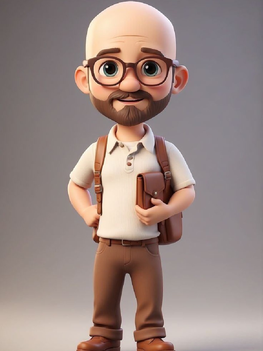 Русский промпт: 3D-рендеринг персонажа мультфильма с лысой головой, очками и бородой, в белой рубашке пуговица, коричневых брюках и коричневых туфлях. У него дружелюбное выражение, и он стоит с руками в карманах. На плече он носит коричневую кожаную сумку для мессенджера. Фон - простой градиент серого и белого. Персонаж отображается в низкополи-стиле с гладкой, отполированной текстурой. | Original prompt: A 3D rendering of a cartoon character with a bald head, glasses, and a beard, wearing a white button-down shirt, brown trousers, and brown shoes. He has a friendly expression and is standing with his hands in his pockets. He is wearing a brown leather messenger bag over his shoulder. The background is a simple gradient of gray and white. The character is rendered in a low-poly style with smooth, polished texture.
