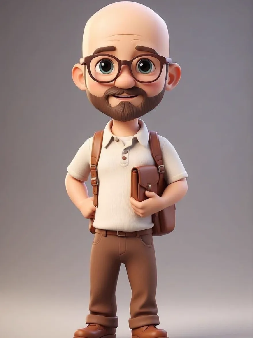 Русский промпт: 3D-рендеринг персонажа мультфильма с лысой головой, очками и бородой, в белой рубашке пуговица, коричневых брюках и коричневых туфлях. У него дружелюбное выражение, и он стоит с руками в карманах. На плече он носит коричневую кожаную сумку для мессенджера. Фон - простой градиент серого и белого. Персонаж отображается в низкополи-стиле с гладкой, отполированной текстурой. | Original prompt: A 3D rendering of a cartoon character with a bald head, glasses, and a beard, wearing a white button-down shirt, brown trousers, and brown shoes. He has a friendly expression and is standing with his hands in his pockets. He is wearing a brown leather messenger bag over his shoulder. The background is a simple gradient of gray and white. The character is rendered in a low-poly style with smooth, polished texture.
