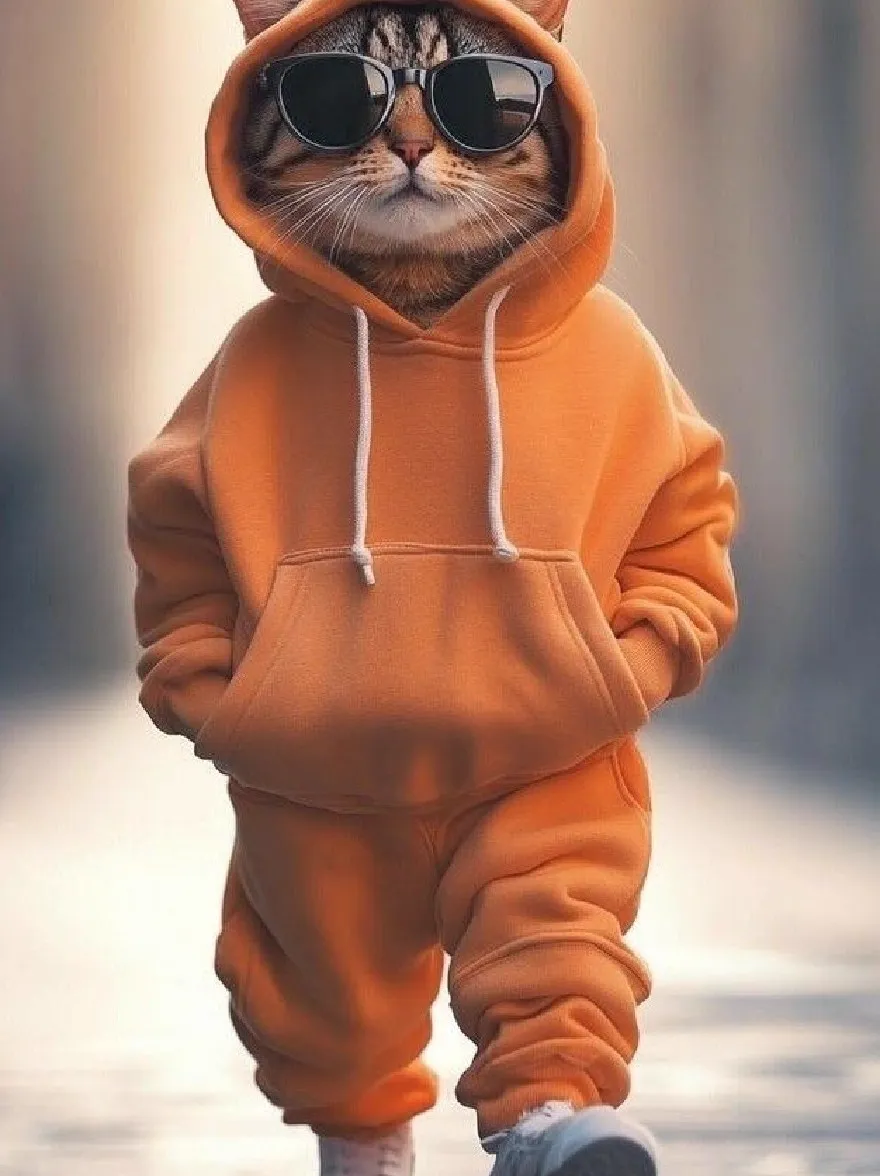 Русский промпт: Симпатичная кошка в ярко -оранжевой капюшоне и подходящих брюках, с солнцезащитными очками, расположенными на голове. У кошки есть любопытное выражение, уверенно стоит на размытой на открытом воздухе, с мягким, теплым светом, освещающим сцену. У толстовки с капюшоном есть капюшон и длинные рукава, в то время как в штанах есть упругая пояс и манжеты. Котенок носит белые кроссовки, а общая эстетика игривая и причудливая. Изображение имеет мечтательное, эфирное качество с акцентом на лицо кошки и одежду. | Original prompt: A cute cat wearing a bright orange hoodie and matching pants, with sunglasses perched atop its head. The cat has a curious expression, standing confidently on a blurred outdoor setting, with a soft, warm light illuminating the scene. The hoodie has a drawstring hood and long sleeves, while the pants have an elastic waistband and cuffed ankles. The kitten is wearing white sneakers, and the overall aesthetic is playful and whimsical. The image has a dreamy, ethereal quality with a focus on the cat's face and clothing.