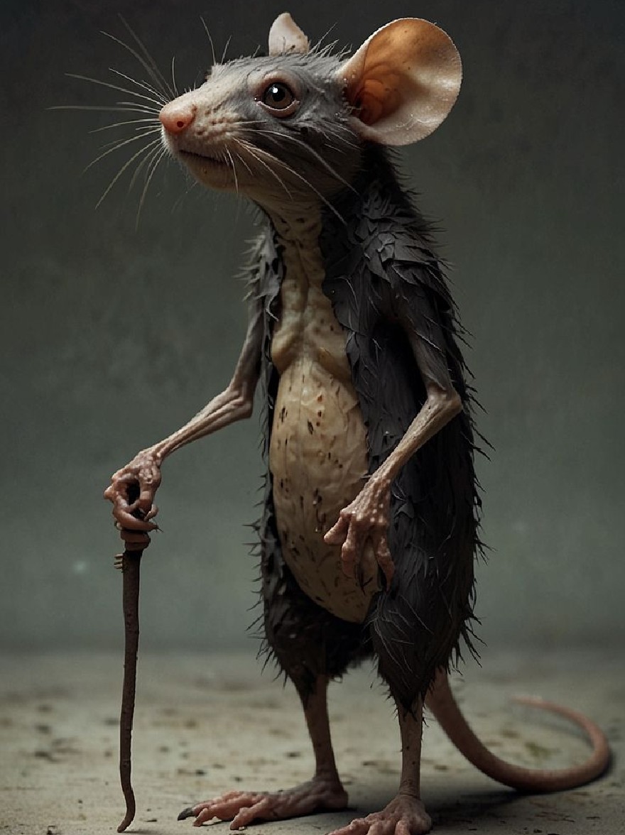 Русский промпт: Очень подробный, реалистичный CGI -рендеринг антропоморфной мыши с длинным тонким телом, стоящим прямо с одной рукой на бедре, а другая держит палку во рту. The mouse has a light grey fur coat with darker patches on its back and tail, and large, round ears. Its eyes are large and expressive, and its nose is pink. The background is a dark, textured concrete floor with a subtle, muted color palette. The lighting is soft and natural, highlighting the texture of the fur and the mouse's fur. The overall mood is mysterious and contemplative. | Original prompt: A highly detailed, realistic CGI rendering of a anthropomorphic mouse with a long, slender body, standing upright with one hand on its hip and the other holding a stick in its mouth. The mouse has a light grey fur coat with darker patches on its back and tail, and large, round ears. Its eyes are large and expressive, and its nose is pink. The background is a dark, textured concrete floor with a subtle, muted color palette. The lighting is soft and natural, highlighting the texture of the fur and the mouse's fur. The overall mood is mysterious and contemplative.