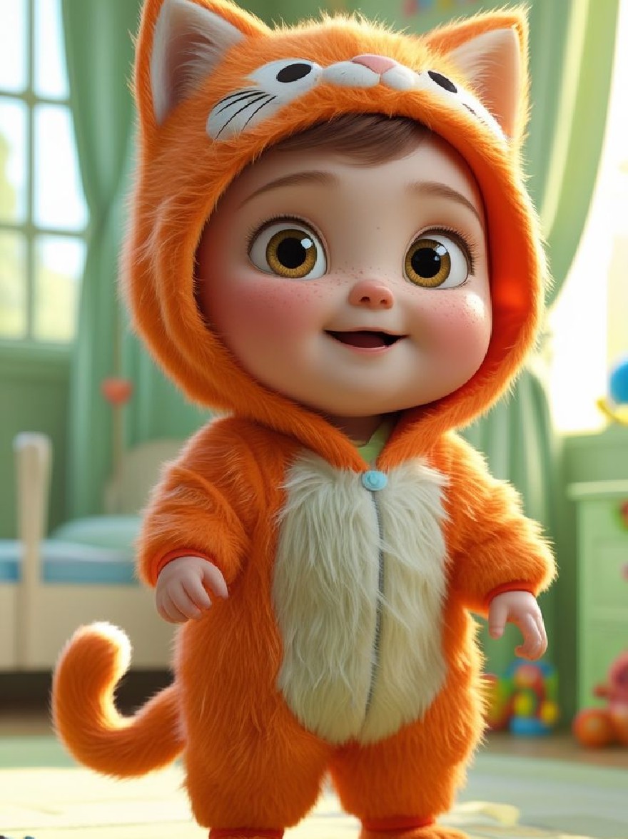 Русский промпт: Симпатичный, оживленный мальчик в костюме апельсиновой кошки с пушистым хвостом, стоящий в ярко освещенной комнате с зелеными стенами и окном на заднем плане. The baby boy has large, expressive brown eyes, a small nose, and a mischievous smile. He is wearing a matching orange onesie with a white fur trim and a blue button down the front. The room is filled with colorful toys and a rug, creating a cheerful and inviting atmosphere. The lighting is soft and natural, highlighting the baby's fur and features. | Original prompt: A cute, animated baby boy wearing an orange cat costume with a fluffy tail, standing in a brightly lit room with green walls and a window in the background. The baby boy has large, expressive brown eyes, a small nose, and a mischievous smile. He is wearing a matching orange onesie with a white fur trim and a blue button down the front. The room is filled with colorful toys and a rug, creating a cheerful and inviting atmosphere. The lighting is soft and natural, highlighting the baby's fur and features.