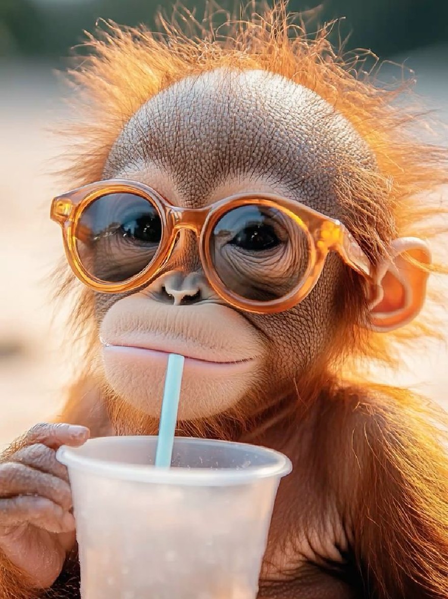 Русский промпт: Фотография ребенка орангутана в апельсиновых солнцезащитных очках и пить из одноразовой чашки с синей соломой. Орангутаны имеют светло -коричневый фур и смотрят прямо на камеру с любопытным выражением. Фон размыт, но, похоже, это открытая обстановка с зеленью и солнечным днем. Освещение мягкое и теплое, создавая уютную атмосферу. | Original prompt: Photograph of a baby orangutan wearing orange sunglasses and drinking from a disposable cup with a blue straw. The orangutans have a light brown fur coat and are looking directly at the camera with a curious expression. The background is blurred, but it appears to be an outdoor setting with greenery and a sunny day. The lighting is soft and warm, creating a cozy atmosphere.