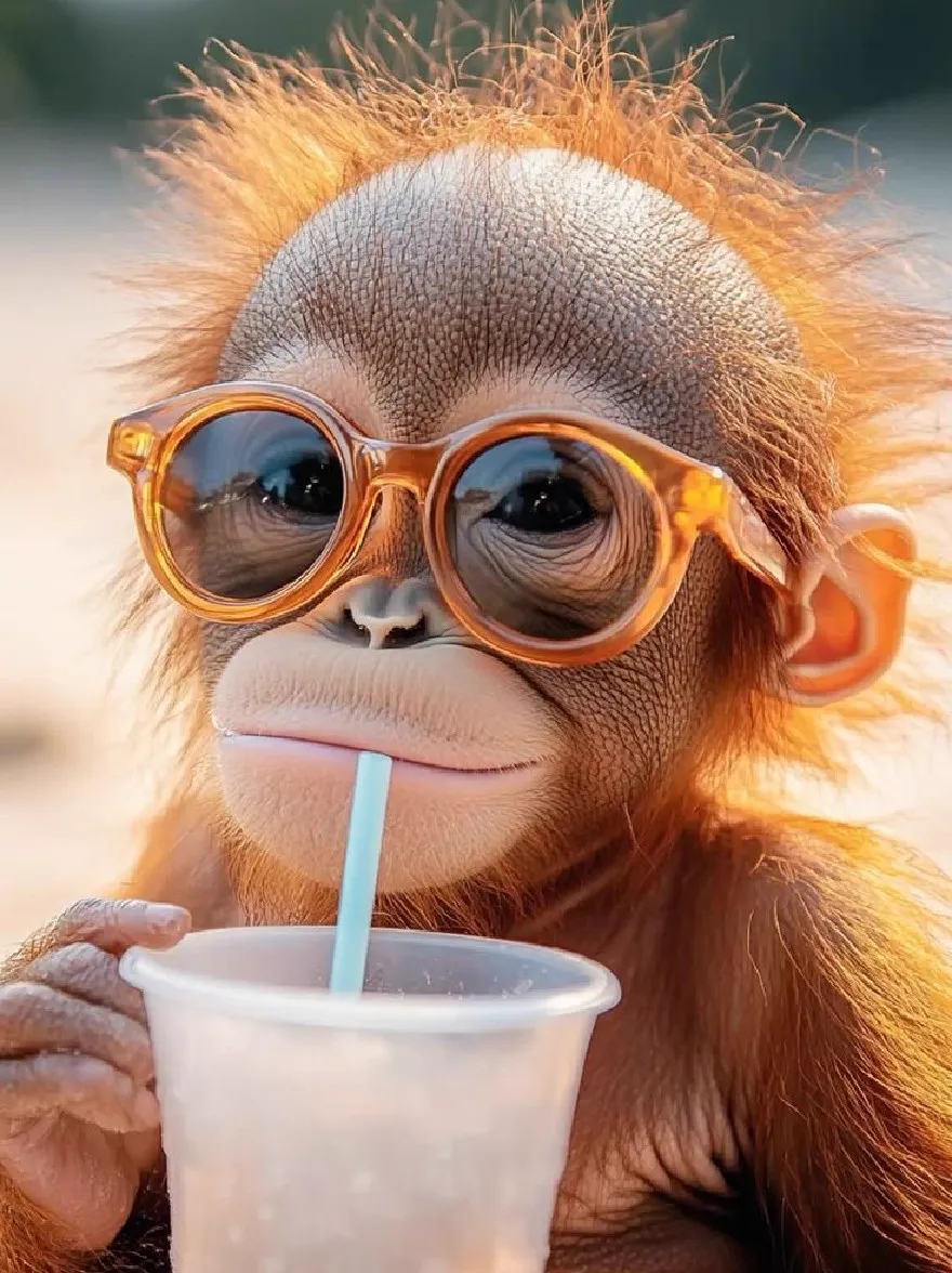 Русский промпт: Фотография ребенка орангутана в апельсиновых солнцезащитных очках и пить из одноразовой чашки с синей соломой. Орангутаны имеют светло -коричневый фур и смотрят прямо на камеру с любопытным выражением. Фон размыт, но, похоже, это открытая обстановка с зеленью и солнечным днем. Освещение мягкое и теплое, создавая уютную атмосферу. | Original prompt: Photograph of a baby orangutan wearing orange sunglasses and drinking from a disposable cup with a blue straw. The orangutans have a light brown fur coat and are looking directly at the camera with a curious expression. The background is blurred, but it appears to be an outdoor setting with greenery and a sunny day. The lighting is soft and warm, creating a cozy atmosphere.