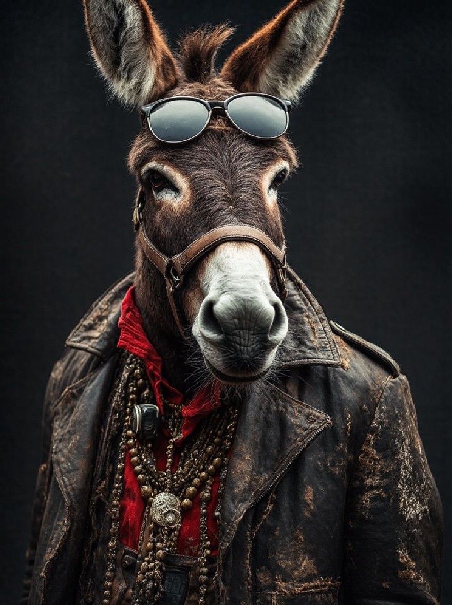 Русский промпт: Фотография осла в солнцезащитных очках и коричневой кожаной куртке с красным шарфом на шее. Осел имеет нейтральное выражение, а его мех - светло -коричневый цвет. Фон темный, а осли расположен в центре кадра. Изображение имеет драматическую, капризную атмосферу. Освещение драматично, подчеркивая функции осла и текстуру кожаной куртки. Общий эффект - это изысканность и интрига. | Original prompt: Photograph of a donkey wearing sunglasses and a brown leather jacket, with a red scarf around its neck. The donkey has a neutral expression, and its fur is a light brown color. The background is dark, and the donkey is positioned in the center of the frame. The image has a dramatic, moody atmosphere. The lighting is dramatic, highlighting the donkey's features and the texture of the leather jacket. The overall effect is one of sophistication and intrigue.