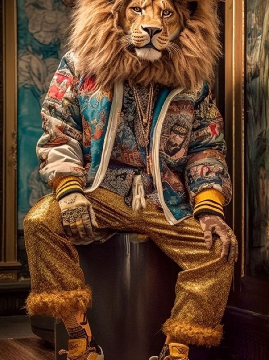 Русский промпт: Фотография левкого манекена в красочной ловковой куртке и золотых штанах, сидя на табуретке в роскошной комнате с украшенными обоями и золотыми акцентами. Львиная грива сделана из меха льва и имеет жесткое выражение. Он носит белые кроссовки с золотыми акцентами и золотыми носками. Освещение мягкое и теплое, подчеркивая мех льва и яркие цвета его наряда. Фон темный и украшенный, добавляя роскошное ощущение изображения. | Original prompt: Photo of a lion mannequin wearing a colorful patchwork jacket and gold pants, sitting on a stool in a luxurious room with ornate wallpaper and gold accents. The lion mane is made of lion fur and has a fierce expression. He is wearing white sneakers with gold accents and gold socks. The lighting is soft and warm, highlighting the lion's fur and the vibrant colors of his outfit. The background is dark and ornate, adding to the luxurious feel of the image.
