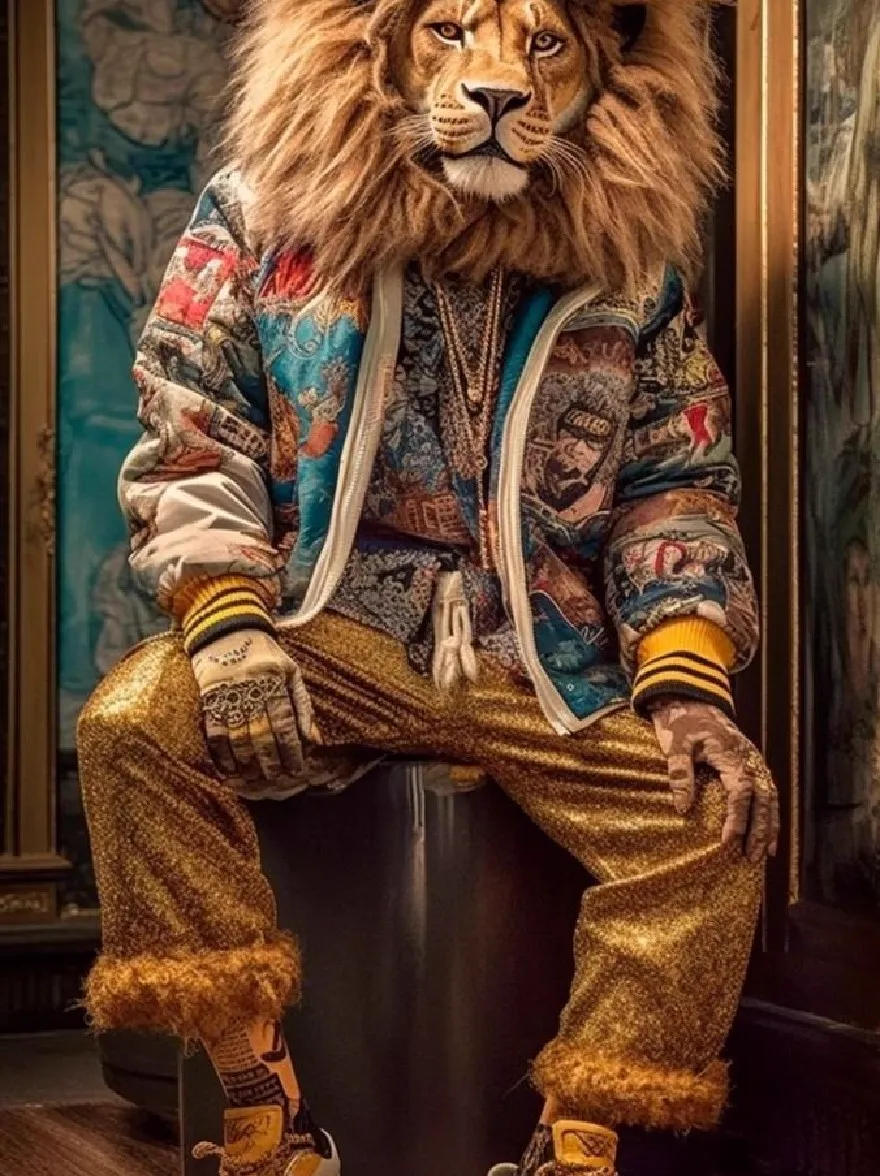 Русский промпт: Фотография левкого манекена в красочной ловковой куртке и золотых штанах, сидя на табуретке в роскошной комнате с украшенными обоями и золотыми акцентами. Львиная грива сделана из меха льва и имеет жесткое выражение. Он носит белые кроссовки с золотыми акцентами и золотыми носками. Освещение мягкое и теплое, подчеркивая мех льва и яркие цвета его наряда. Фон темный и украшенный, добавляя роскошное ощущение изображения. | Original prompt: Photo of a lion mannequin wearing a colorful patchwork jacket and gold pants, sitting on a stool in a luxurious room with ornate wallpaper and gold accents. The lion mane is made of lion fur and has a fierce expression. He is wearing white sneakers with gold accents and gold socks. The lighting is soft and warm, highlighting the lion's fur and the vibrant colors of his outfit. The background is dark and ornate, adding to the luxurious feel of the image.