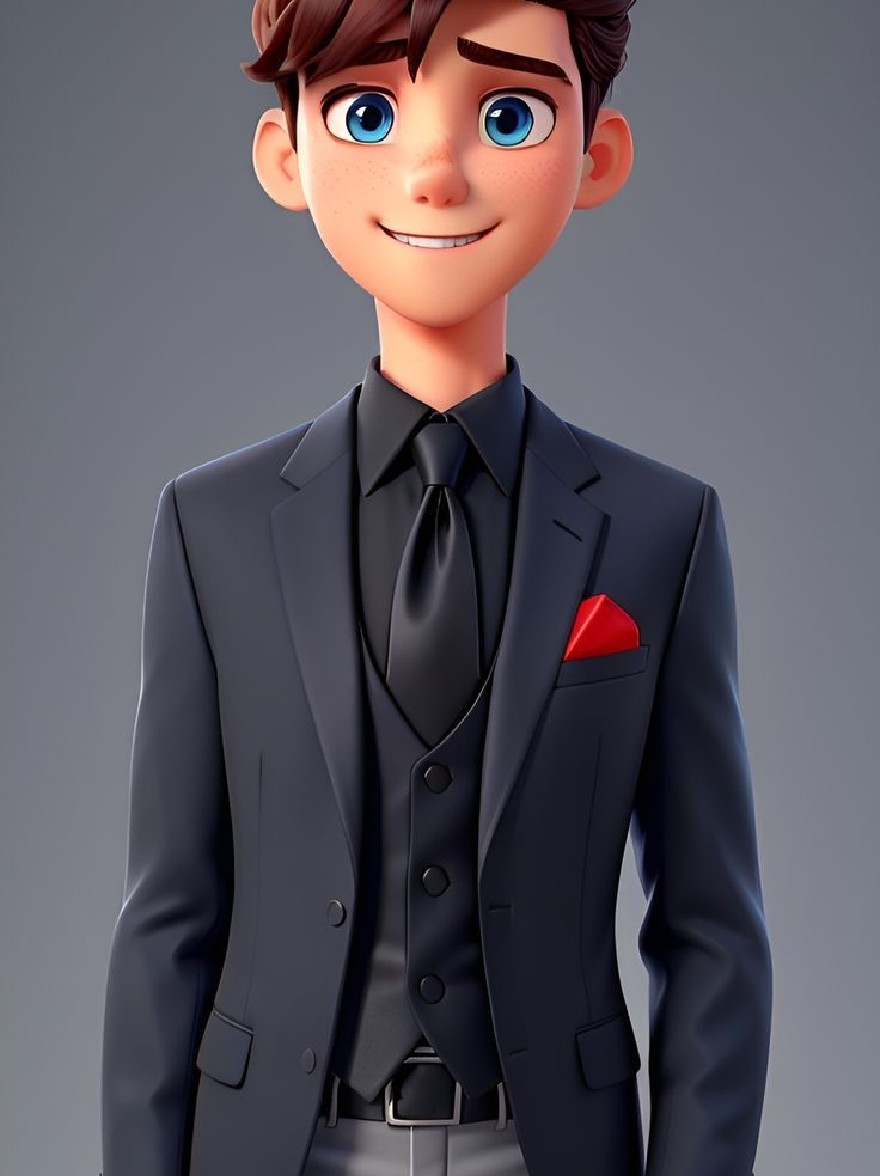 Русский промпт:  | Original prompt: A 3D rendering of a young man with a cheerful expression, wearing a formal black suit with a red pocket square. He has short, wavy brown hair and blue eyes. He is standing with his hands in his pockets, looking directly at the viewer with a slight smile. The background is a simple, solid gray color. The style is realistic with a cartoonish touch. The man has a light skin tone and a friendly demeanor. The image is high quality with a smooth, polished finish.