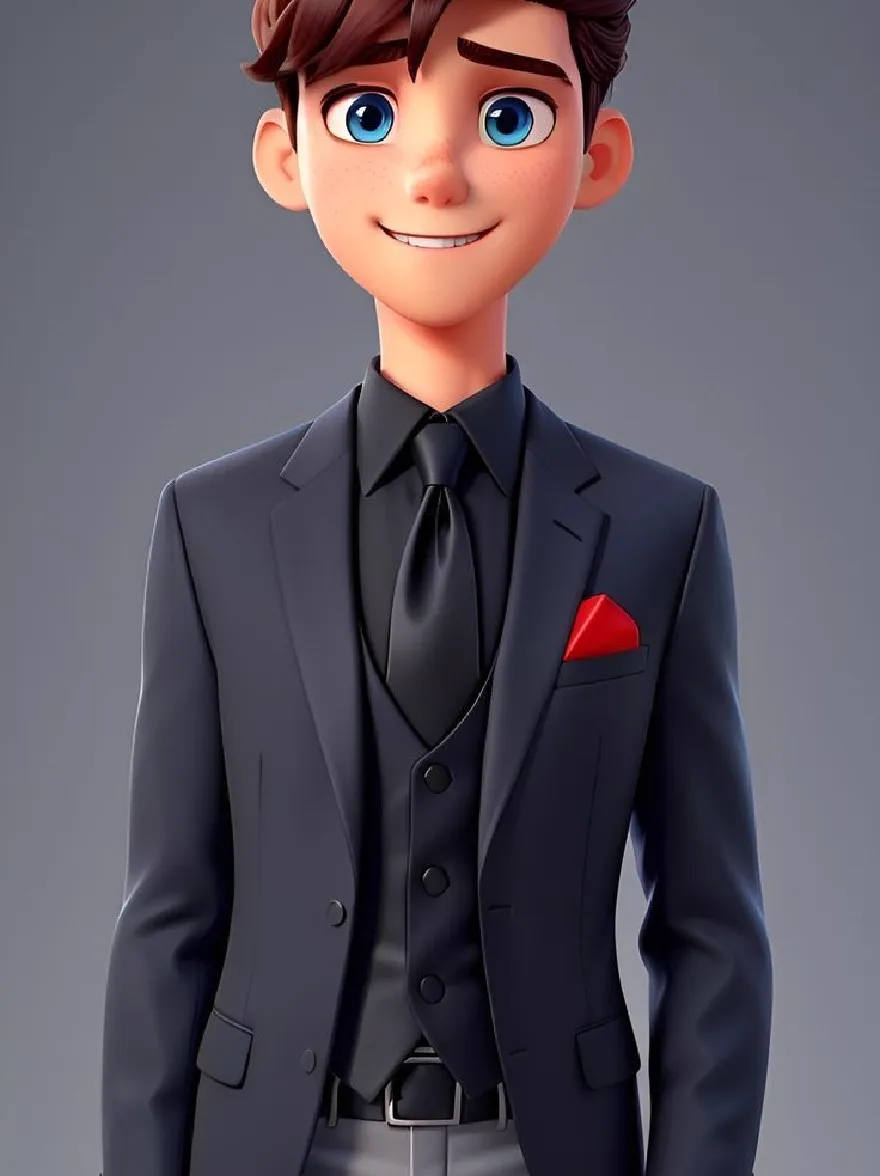 Русский промпт:  | Original prompt: A 3D rendering of a young man with a cheerful expression, wearing a formal black suit with a red pocket square. He has short, wavy brown hair and blue eyes. He is standing with his hands in his pockets, looking directly at the viewer with a slight smile. The background is a simple, solid gray color. The style is realistic with a cartoonish touch. The man has a light skin tone and a friendly demeanor. The image is high quality with a smooth, polished finish.