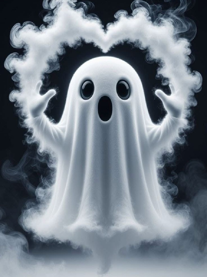 Русский промпт: Сюрреалистическая, призрачная фигура с двумя большими круглыми глазами и маленьким ртом, окутанным в густом белом облаке, которое образует форму сердца. Фигура стоит в центре изображения, с его руками вытянутыми по бокам, создавая ощущение движения. Фон - твердый черный, обеспечивающий резкий контраст с белым облаком. Изображение имеет мечтательное, эфирное качество, с акцентом на таинственную внешность призрака. Общее настроение жуткое и очаровательное. | Original prompt: A surreal, ghostly figure with two large, round eyes and a small mouth, shrouded in a thick, white cloud that forms a heart shape. The figure is standing in the center of the image, with its arms stretched out to the sides, creating a sense of movement. The background is a solid black, providing a stark contrast to the white cloud. The image has a dreamy, ethereal quality, with a focus on the ghost's mysterious appearance. The overall mood is eerie and captivating.