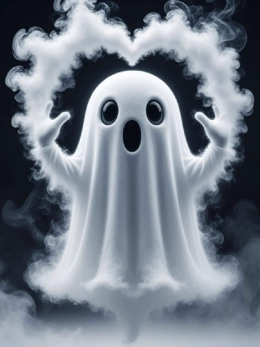 Русский промпт: Сюрреалистическая, призрачная фигура с двумя большими круглыми глазами и маленьким ртом, окутанным в густом белом облаке, которое образует форму сердца. Фигура стоит в центре изображения, с его руками вытянутыми по бокам, создавая ощущение движения. Фон - твердый черный, обеспечивающий резкий контраст с белым облаком. Изображение имеет мечтательное, эфирное качество, с акцентом на таинственную внешность призрака. Общее настроение жуткое и очаровательное. | Original prompt: A surreal, ghostly figure with two large, round eyes and a small mouth, shrouded in a thick, white cloud that forms a heart shape. The figure is standing in the center of the image, with its arms stretched out to the sides, creating a sense of movement. The background is a solid black, providing a stark contrast to the white cloud. The image has a dreamy, ethereal quality, with a focus on the ghost's mysterious appearance. The overall mood is eerie and captivating.