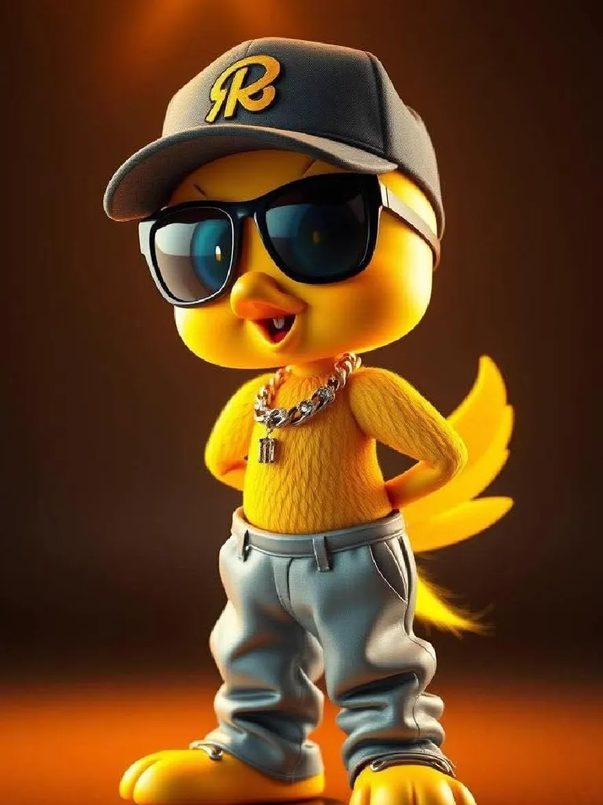 Русский промпт: 3D -рендеринг персонажа из желтой птицы в солнцезащитных очках и бейсбольной кепке, уверенно стоит одной рукой на бедре, а другая опирается на бедро. Птица имеет мускулистую сборку, маленький клюв и пару синих джинсов. Фон-теплый, оранжево-коричневый градиент с прожектором, сияющим на птице. Персонаж имеет игривое выражение и носит золотое ожерелье с подвеской. Общий стиль мультяшный и яркий, с игривой и острой атмосферой. | Original prompt: A 3D rendering of a yellow bird character wearing sunglasses and a baseball cap, standing confidently with one hand on its hip and the other resting on its thigh. The bird has a muscular build, a small beak, and a pair of blue jeans. The background is a warm, orange-brown gradient with a spotlight shining down on the bird. The character has a playful expression and is wearing a gold necklace with a pendant. The overall style is cartoonish and vibrant, with a playful and edgy vibe.