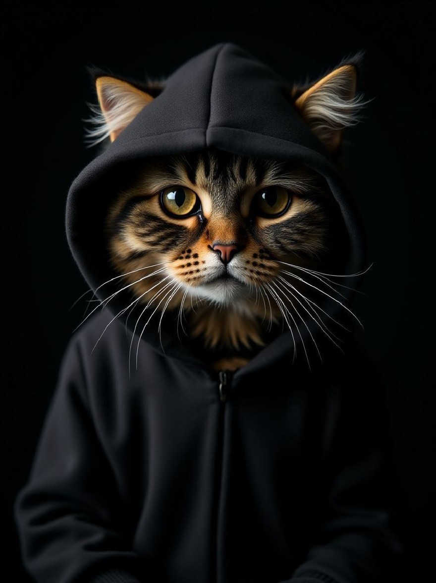 Русский промпт:  | Original prompt: A close-up photograph of a cat wearing a black hoodie, looking directly at the camera with a curious expression. The cat's fur is a mix of brown and black stripes, and its eyes are a bright yellow. The hoodie has a zipper running down the front, and the cat's ears are perked up. The background is a solid black color, providing a stark contrast to the dark hoodie. The lighting is soft and even, creating a warm and inviting atmosphere.
