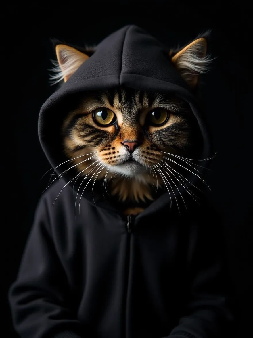 Русский промпт:  | Original prompt: A close-up photograph of a cat wearing a black hoodie, looking directly at the camera with a curious expression. The cat's fur is a mix of brown and black stripes, and its eyes are a bright yellow. The hoodie has a zipper running down the front, and the cat's ears are perked up. The background is a solid black color, providing a stark contrast to the dark hoodie. The lighting is soft and even, creating a warm and inviting atmosphere.