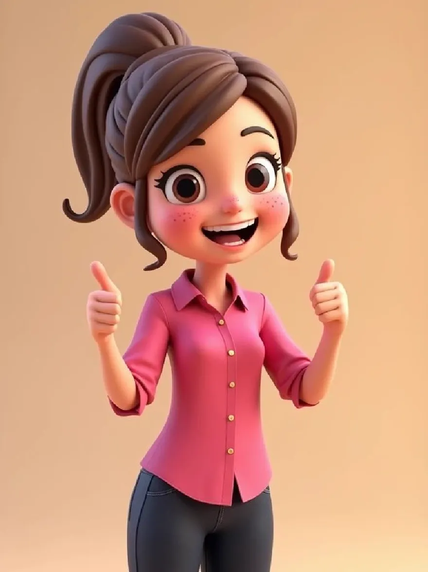 Русский промпт: 3D-рендеринг симпатичной мультфильмов с каштановыми волосами, привязанными к высоким хвостиком, в розовой рубашке пуговица и черных брюках. У нее веселое выражение, и она дает двум большим пальцам обеими руками. Фон представляет собой простой градиент теплых тонов, придающий изображению мягкое и привлекательное чувство. У девушки большие, выразительные глаза, маленький нос и веснушки на щеках. Она стоит в центре изображения, с легкой улыбкой, глядя прямо на зрителя. | Original prompt: A 3D rendering of a cute cartoon girl with brown hair tied in a high ponytail, wearing a pink button-down shirt and black pants. She has a cheerful expression and is giving two thumbs up with both hands. The background is a simple gradient of warm tones, giving the image a soft and inviting feel. The girl has large, expressive eyes, a small nose, and freckles on her cheeks. She is standing in the center of the image, looking directly at the viewer with a slight smile.