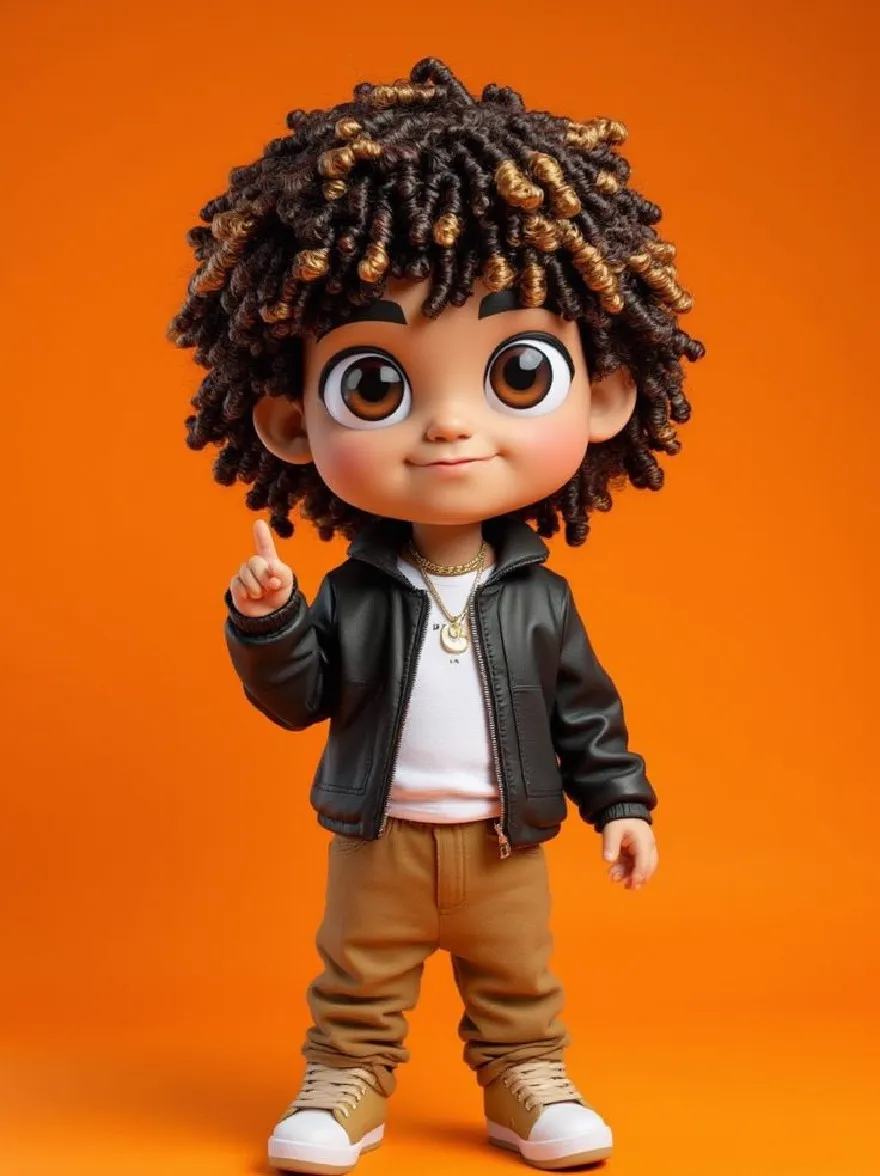 Русский промпт: Фотография симпатичного мальчика в мультфильме с вьющимися коричневыми волосами, в черной кожаной куртке, белой футболке и коричневых брюках, стоящих на оранжевом фоне. У него большие, выразительные карие глаза, маленький нос и дружелюбная улыбка. Он держит знак мира правой рукой. Освещение яркое и равномерное, подчеркивая черты мальчика. Изображение высокое качество и имеет игривое, энергичное чувство. | Original prompt: Photo of a cute, cartoon-style boy with curly brown hair, wearing a black leather jacket, white t-shirt, and brown pants, standing against an orange background. He has large, expressive brown eyes, a small nose, and a friendly smile. He is holding up a peace sign with his right hand. The lighting is bright and even, highlighting the boy's features. The image is high quality and has a playful, energetic feel.