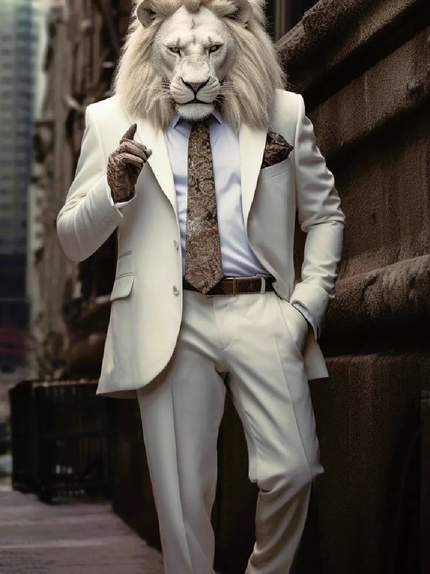Русский промпт:  | Original prompt: A man dressed as a lion, standing confidently in an urban setting. He is wearing a white suit with a brown tie, a brown pocket square, and brown loafers. His lion mane is long and flowing, and he has a fierce expression. The background features tall buildings and a cityscape. The lighting is dramatic, casting shadows on the man's face and body. The overall mood is sophisticated and edgy.