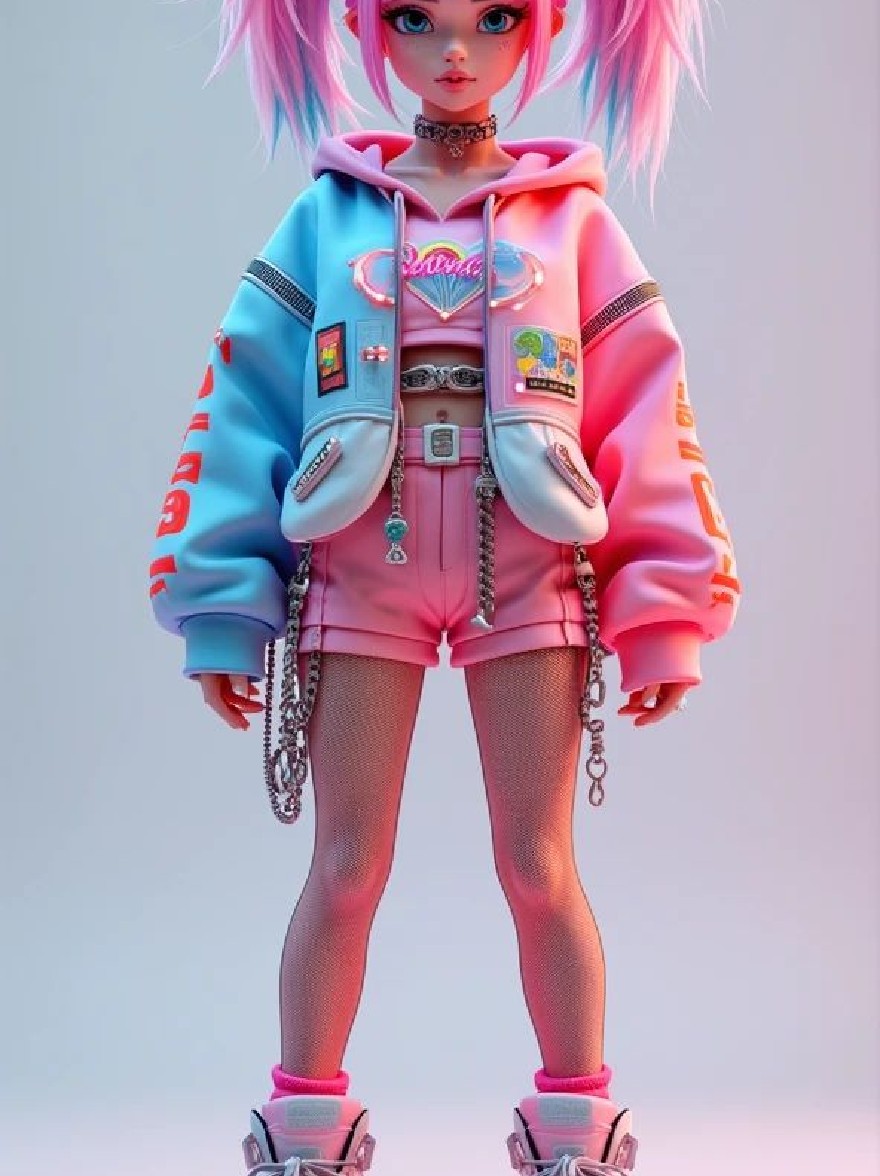 Русский промпт: Фотография молодой девушки с розовыми и синими волосами в двойных косичках с укороченной пиджакой в пастельном цвете с пятнами, розовыми шортами и белыми кроссовками с красной подошвой. У нее есть колье -колено, и она уверенно стоит, руками на бедрах, глядя прямо на камеру. Фон представляет собой градиент голубого и розового, с мягким, неоновым эффектом. У девушки есть игривая, резкая атмосфера. Изображение имеет высококачественную 3D-рендеринг с неоновой эстетикой. | Original prompt: Photo of a young girl with pink and blue hair styled in twin pigtails, wearing a pastel-colored cropped jacket with patches, pink shorts, and white sneakers with red soles. She has a choker necklace and is standing confidently with her hands on her hips, looking directly at the camera. The background is a gradient of light blue and pink, with a soft, neon-lit effect. The girl has a playful, edgy vibe. The image has a high-quality, 3D rendering with a neon aesthetic.