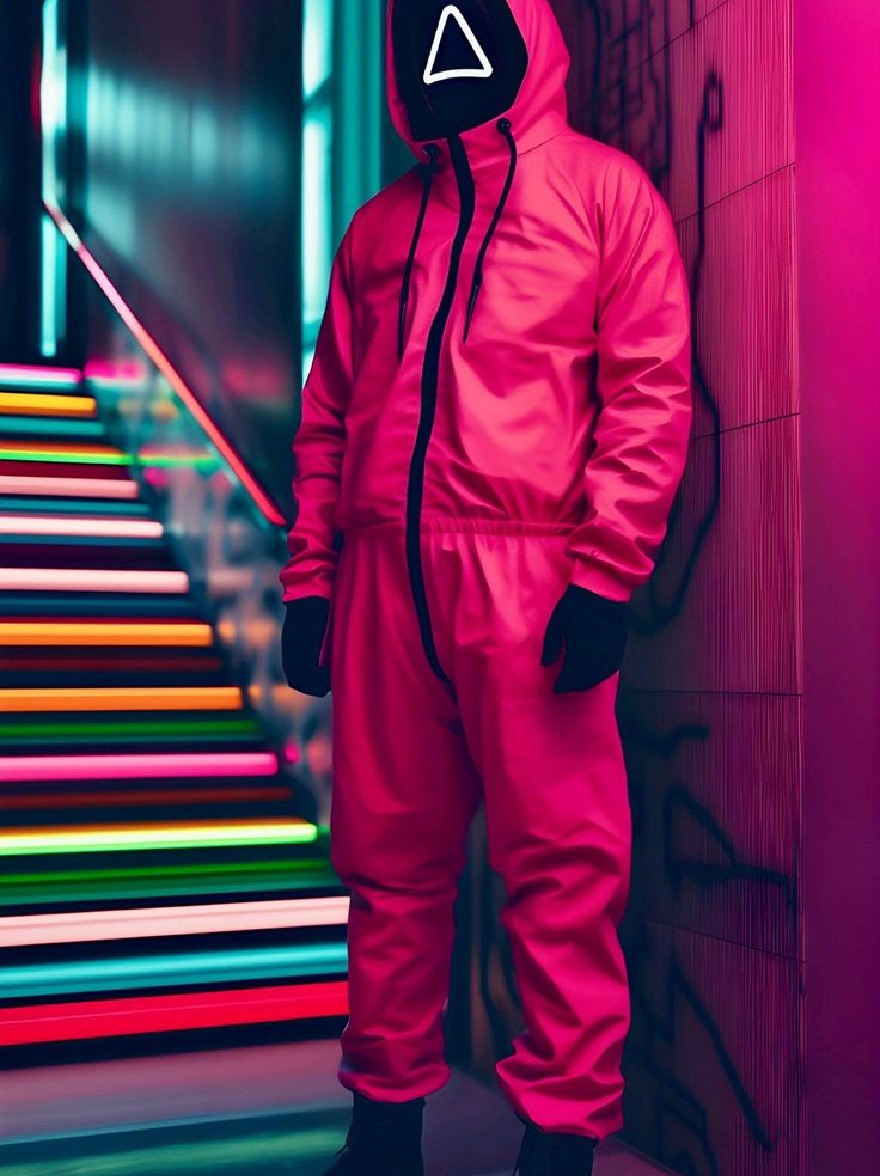 Русский промпт: Человек, одетый в неоновый розовый комбинезон с черной маской в форме треугольника, покрывающего лицо, стоящая перед красочной лестницей с неоновыми огнями. The person is wearing black gloves and black shoes, and the background is a dimly lit hallway with graffiti-covered walls on the right side. The overall aesthetic is futuristic and edgy, with a neon glow effect. The image is a high-resolution photograph with a minimalistic design. | Original prompt: A person wearing a neon pink jumpsuit with a black triangle-shaped mask covering their face, standing in front of a colorful staircase with neon lights. The person is wearing black gloves and black shoes, and the background is a dimly lit hallway with graffiti-covered walls on the right side. The overall aesthetic is futuristic and edgy, with a neon glow effect. The image is a high-resolution photograph with a minimalistic design.