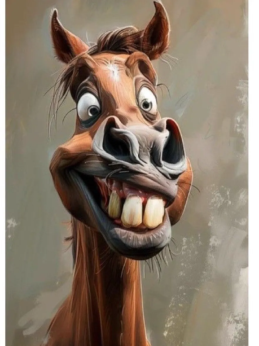 Русский промпт: A digital illustration of a brown horse with a mischievous expression, featuring sharp teeth and a wide, toothy grin. Its eyes are wide open, and its mouth is slightly open, revealing sharp teeth. The background is a simple, muted gray with a grungy texture. The horse is depicted in a cartoonish style, with exaggerated features and a humorous tone. Подпись художника видна в правом нижнем углу. | Original prompt: A digital illustration of a brown horse with a mischievous expression, featuring sharp teeth and a wide, toothy grin. Its eyes are wide open, and its mouth is slightly open, revealing sharp teeth. The background is a simple, muted gray with a grungy texture. The horse is depicted in a cartoonish style, with exaggerated features and a humorous tone. The artist's signature is visible in the bottom right corner.