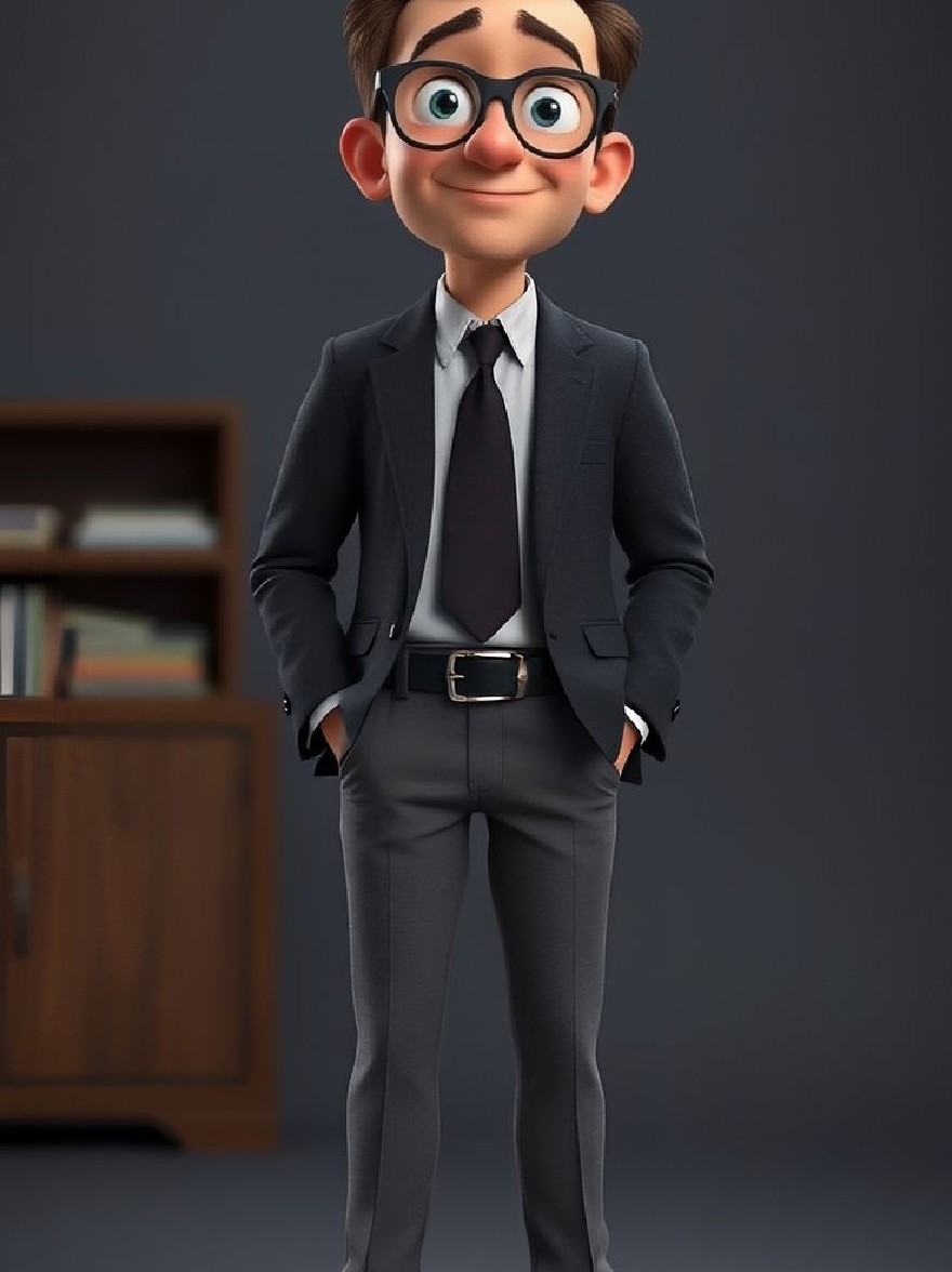 Русский промпт: 3D-рендеринг персонажа мультфильма с дружелюбным выражением, в черном костюме, белой рубашке, черном галстуке и очках с черной рамкой. У него короткие каштановые волосы, и он стоит с руками в карманах. Он носит черно -белые кроссовки. Фон - простая серая стена с деревянным шкафом. Персонаж отображается в реалистичном стиле с гладким затенением и подробными текстурами. | Original prompt: A 3D rendering of a cartoon character with a friendly expression, wearing a black suit, white shirt, black tie, and black-framed glasses. He has short brown hair and is standing with his hands in his pockets. He is wearing black and white sneakers. The background is a simple gray wall with a wooden cabinet. The character is rendered in a realistic style with smooth shading and detailed textures.